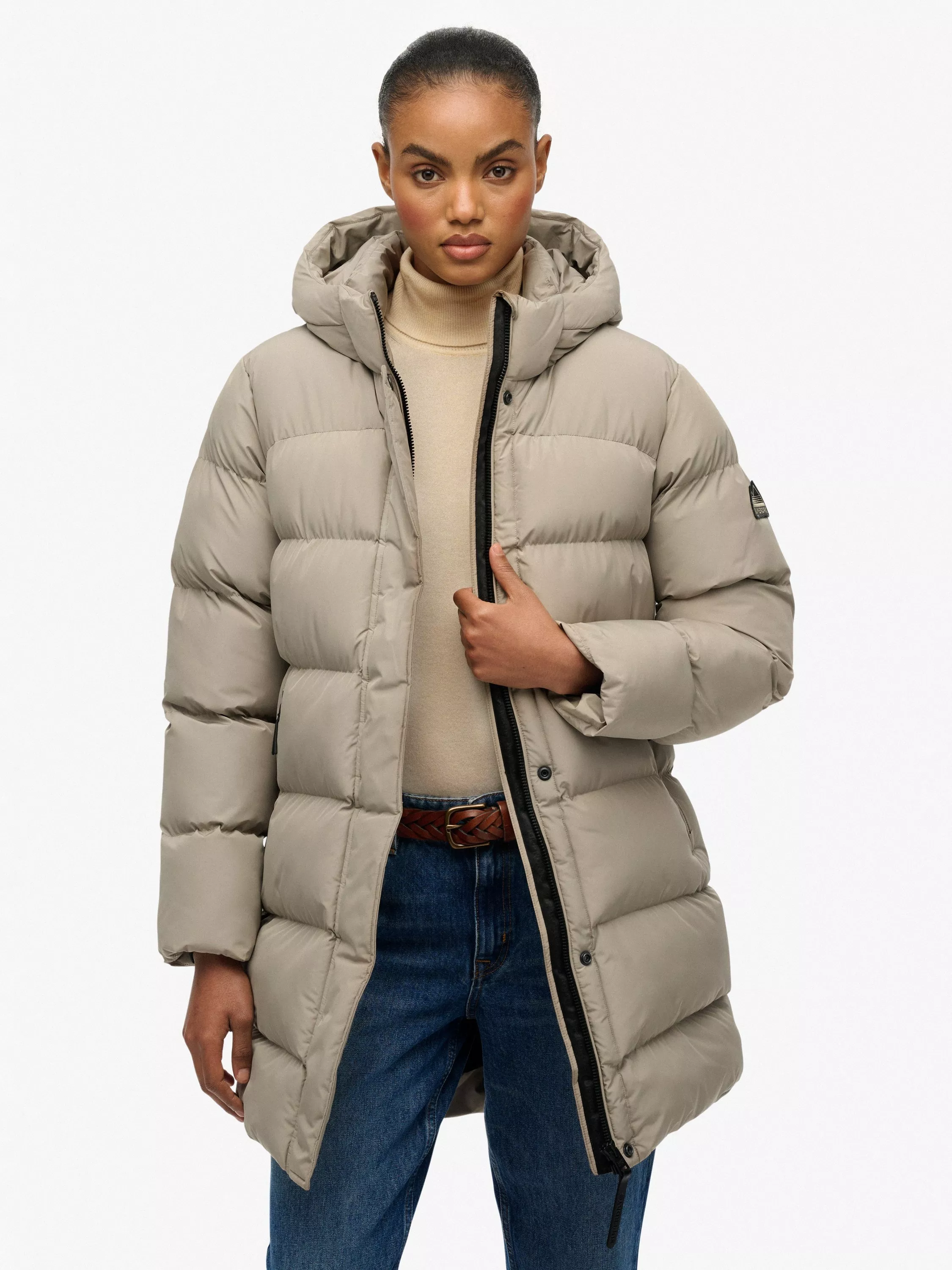 Superdry Hooded Sports Puffer Mid Length Jacket, Winter Twig Beige