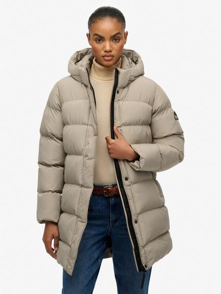 Superdry Hooded Sports Puffer Mid Length Jacket, Winter Twig Beige, Winter Twig Beige