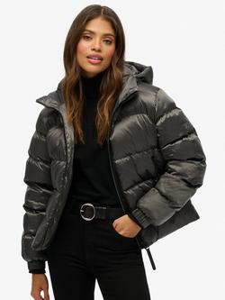 Superdry Hooded Luxe Sports Puffer Jacket, Black Sheen, Black Sheen