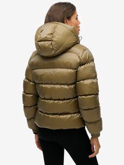 Superdry Hooded Luxe Sports Puffer Jacket, Khaki Sheen - view 2, Khaki Sheen