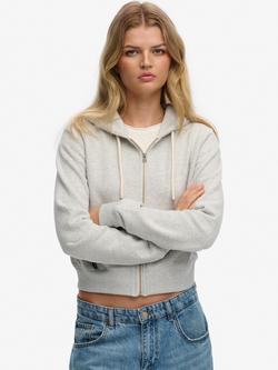 Superdry Essential Logo Cropped Zip Hoodie, Glacier Grey Marl, Glacier Grey Marl