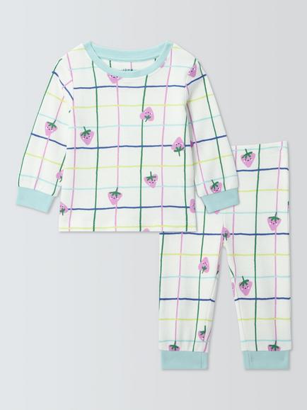 John Lewis Baby Cotton Strawberry Check Pyjama Set, White Multi, White Multi