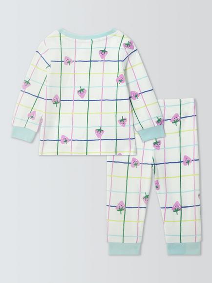 John Lewis Baby Cotton Strawberry Check Pyjama Set, White Multi - view 2, White Multi