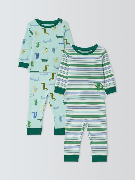 John Lewis Baby Cotton Crocodile Stripe Pyjama Set, Pack of 2, Green Multi, Green Multi
