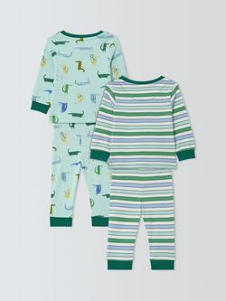 John Lewis Baby Cotton Crocodile Stripe Pyjama Set, Pack of 2, Green Multi - view 2, Green Multi