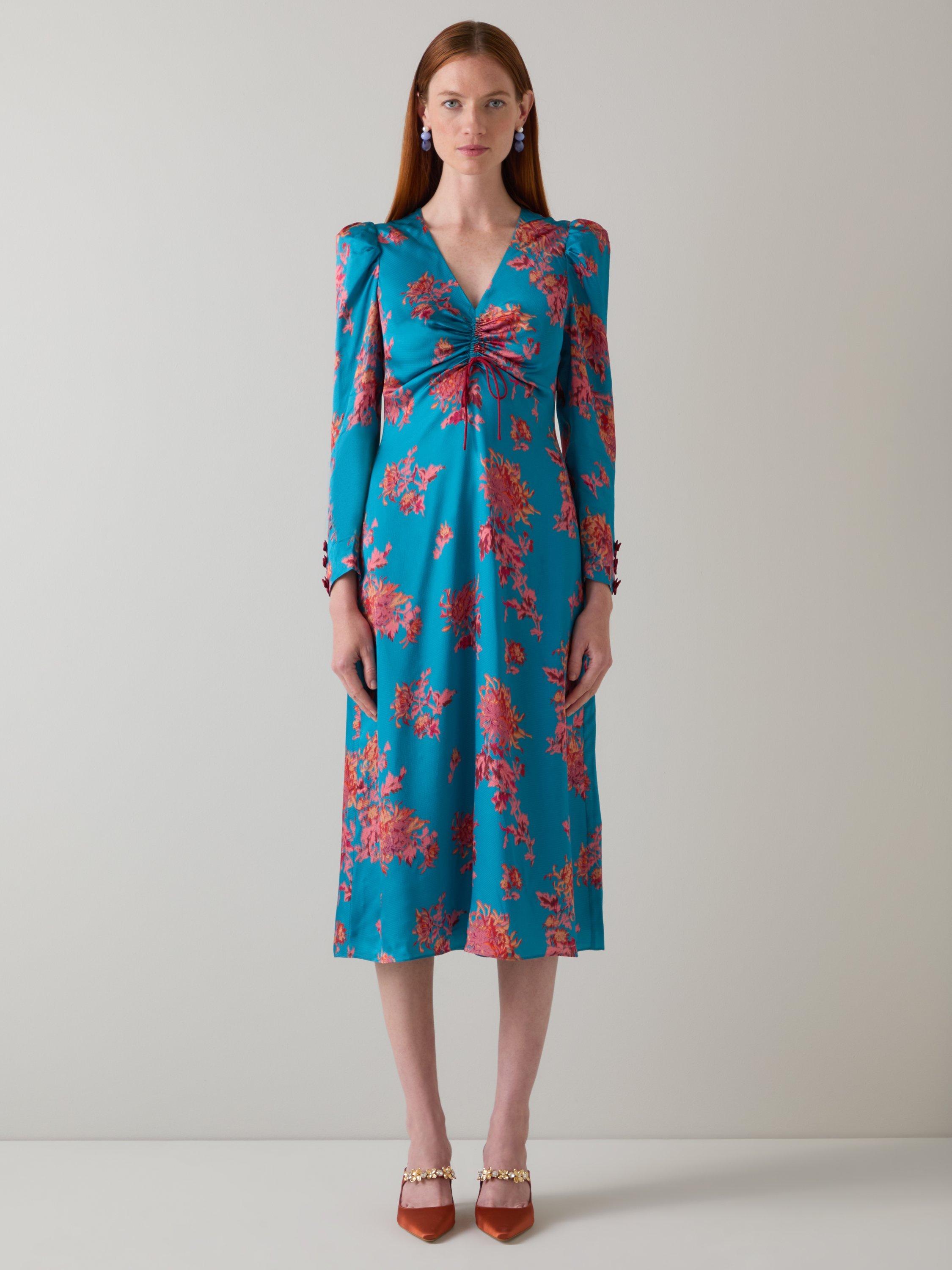 Product image 1 of 4, which shows L.K.Bennett Celeste Floral Satin Dress, Blue/Multi, 6