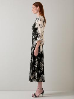 L.K.Bennett Mimi Floral Pure Silk Dress, Cream/Black - view 2, Cream/Black