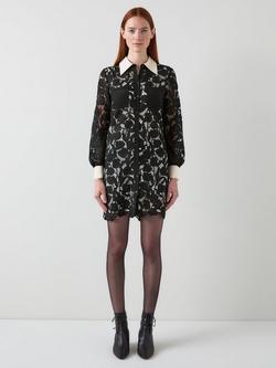 L.K.Bennett Yvette Lace Long Sleeve Collar Mini Dress, Black/Cream