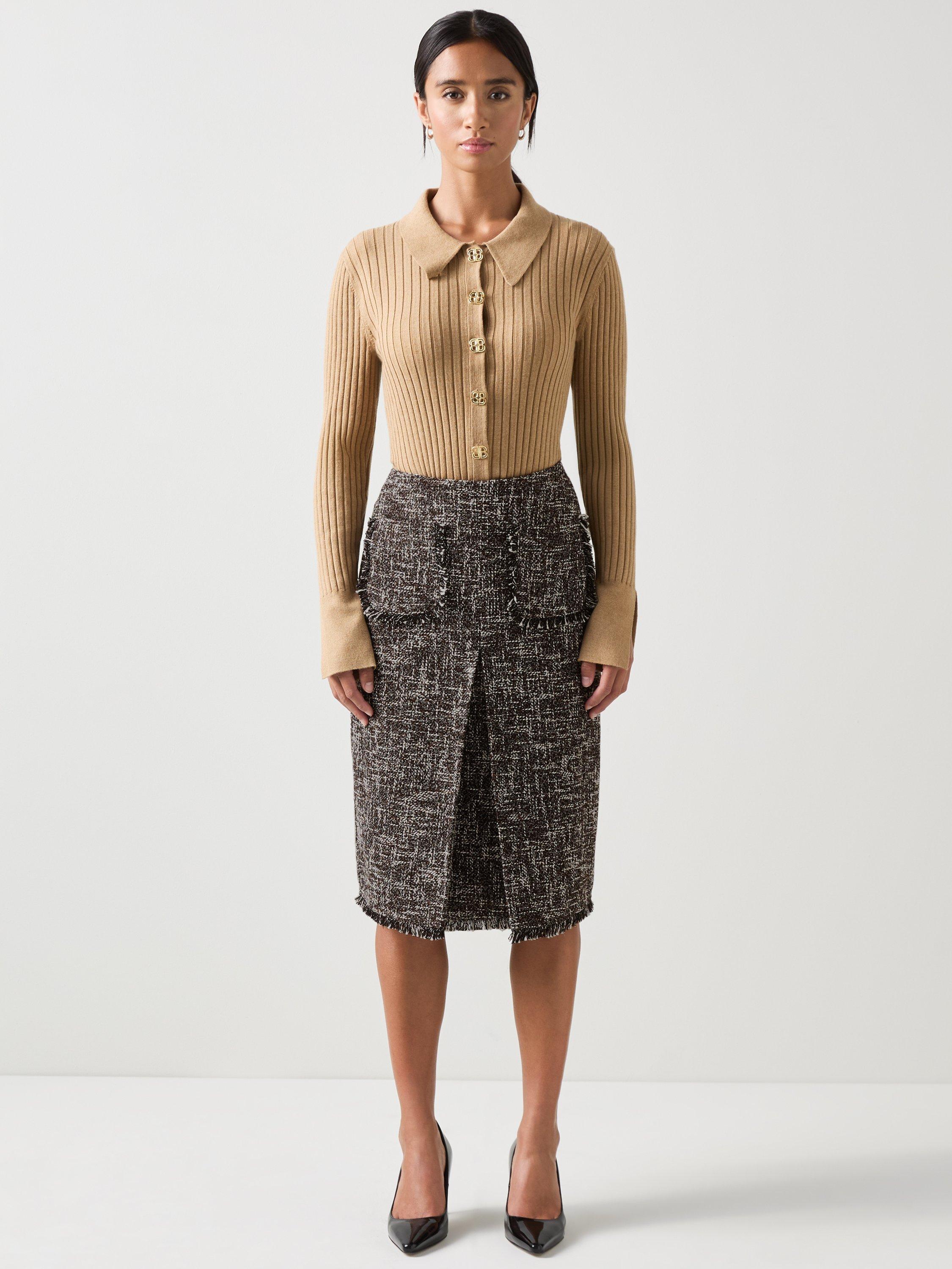 Product image 1 of 5, which shows L.K.Bennett Petite Gwen Tweed Skirt, Black/Multi, 10
