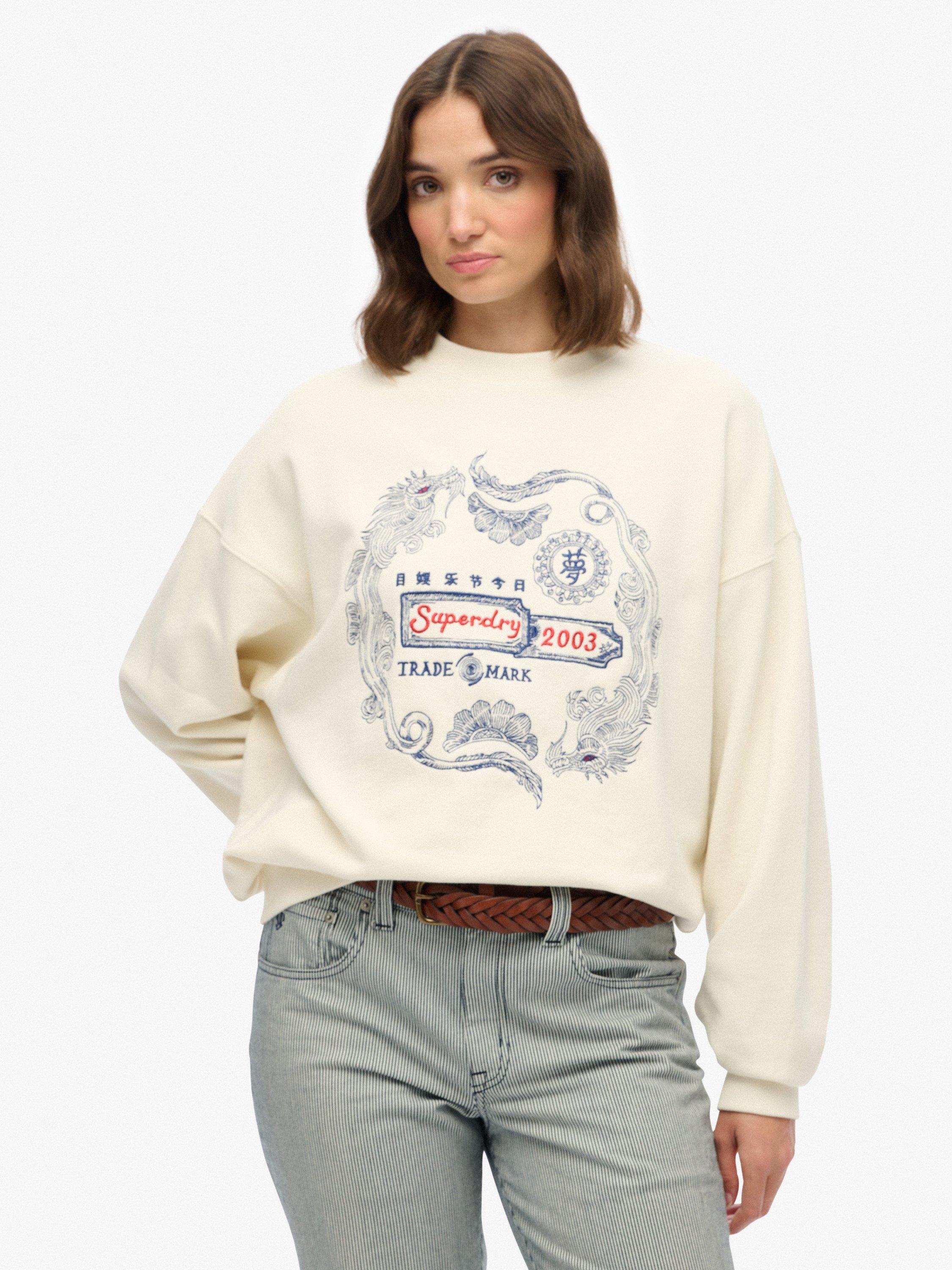 Product image 1 of 5, which shows Superdry Cotton Tokyo Narrative Oversized Sweatshir, Off White, 12