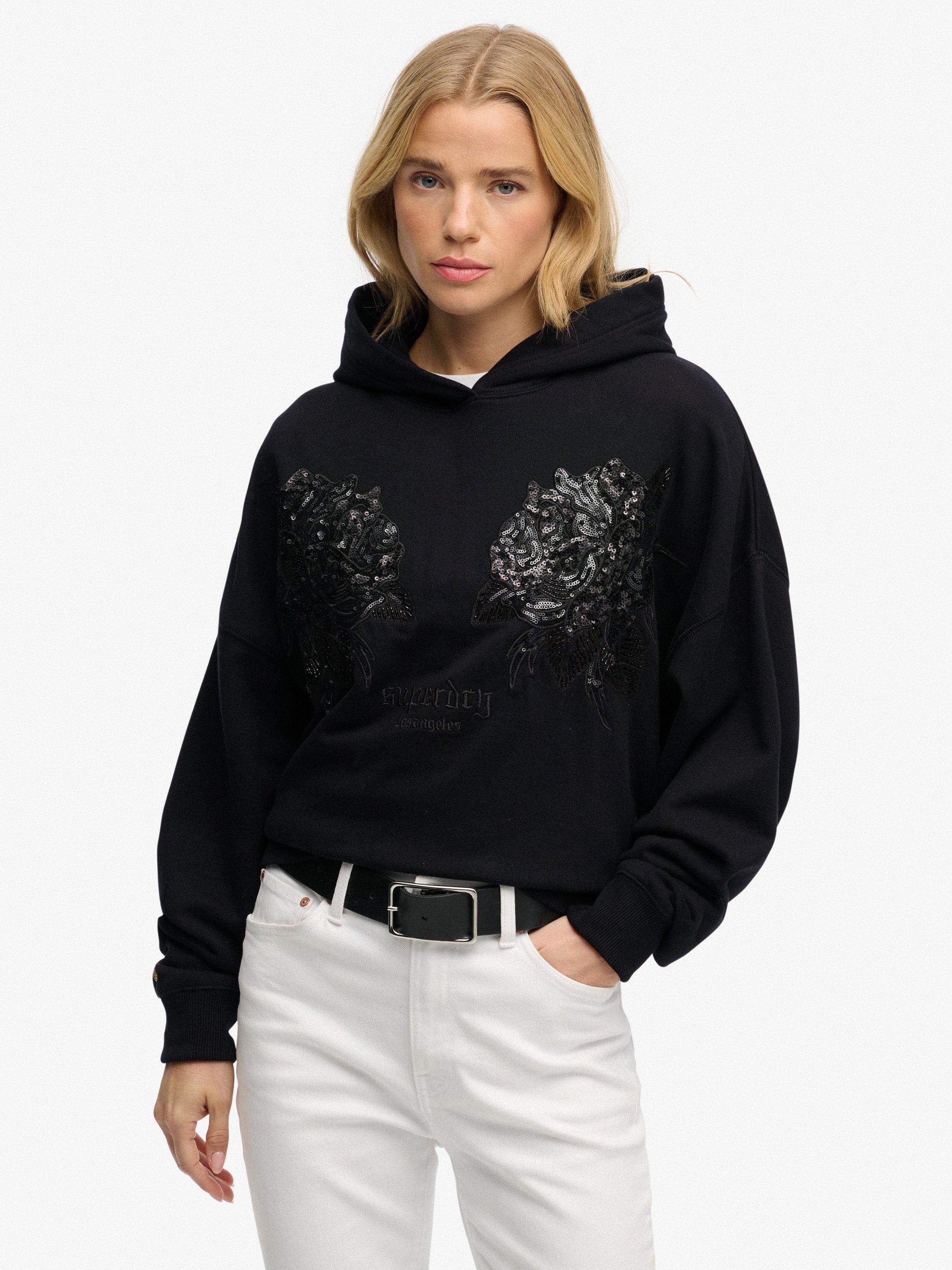 Product image 1 of 6, which shows Superdry Tattoo Embellish Oversize Hoodie, Black, 8