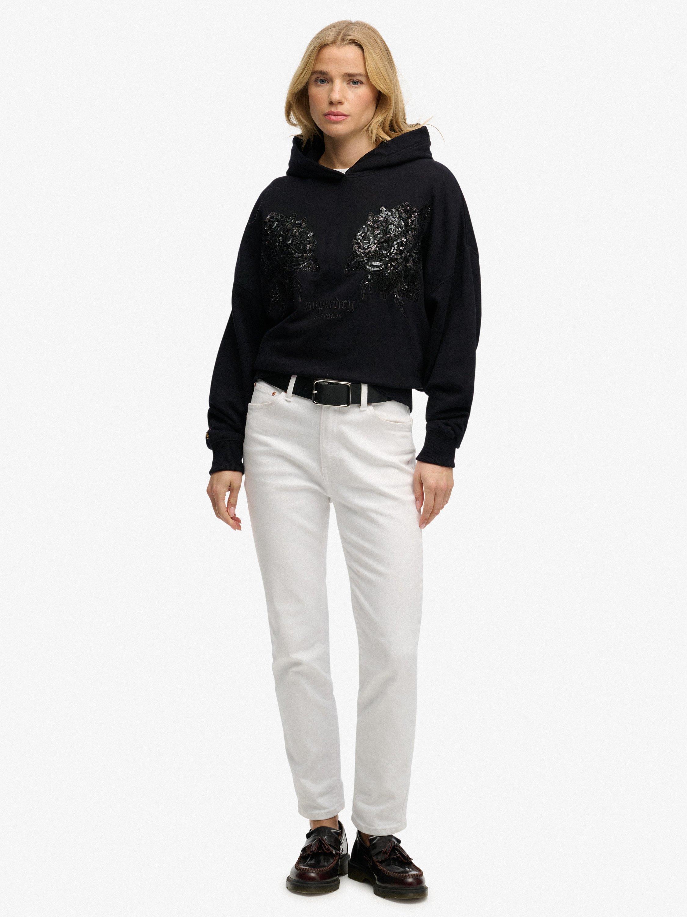 Product image 3 of 6, which shows Superdry Tattoo Embellish Oversize Hoodie, Black, 8