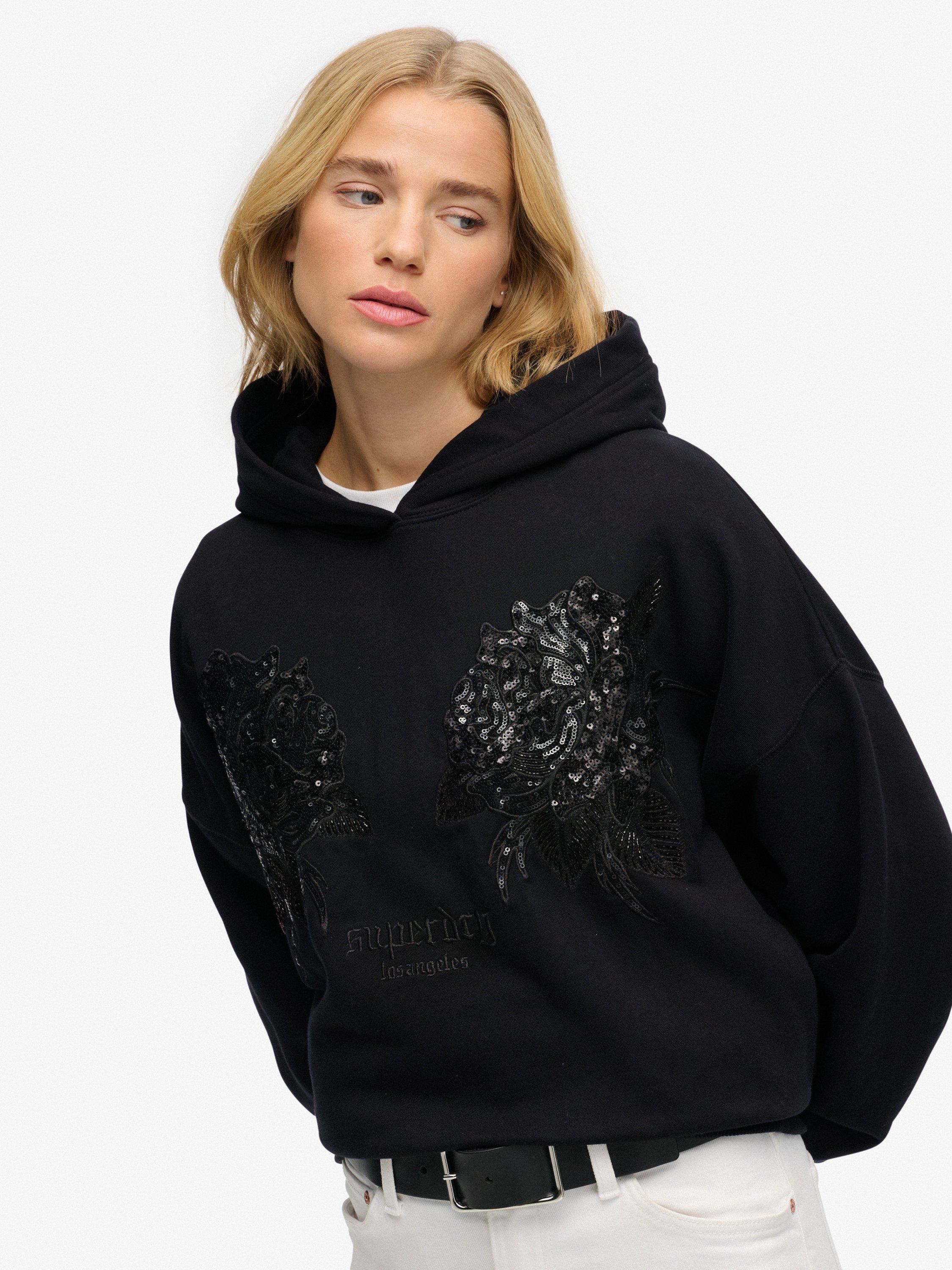 Product image 4 of 6, which shows Superdry Tattoo Embellish Oversize Hoodie, Black, 8