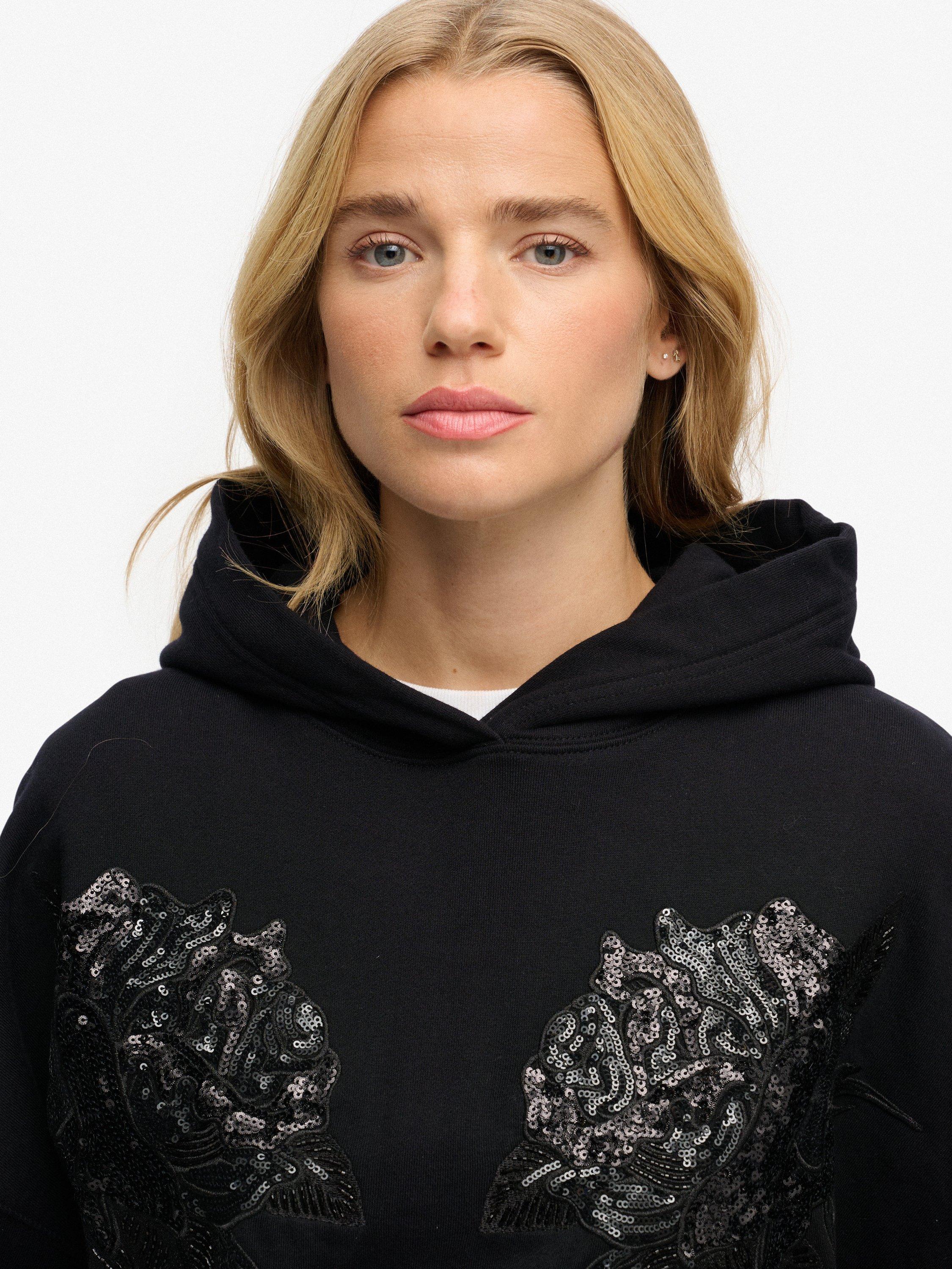 Product image 5 of 6, which shows Superdry Tattoo Embellish Oversize Hoodie, Black, 8