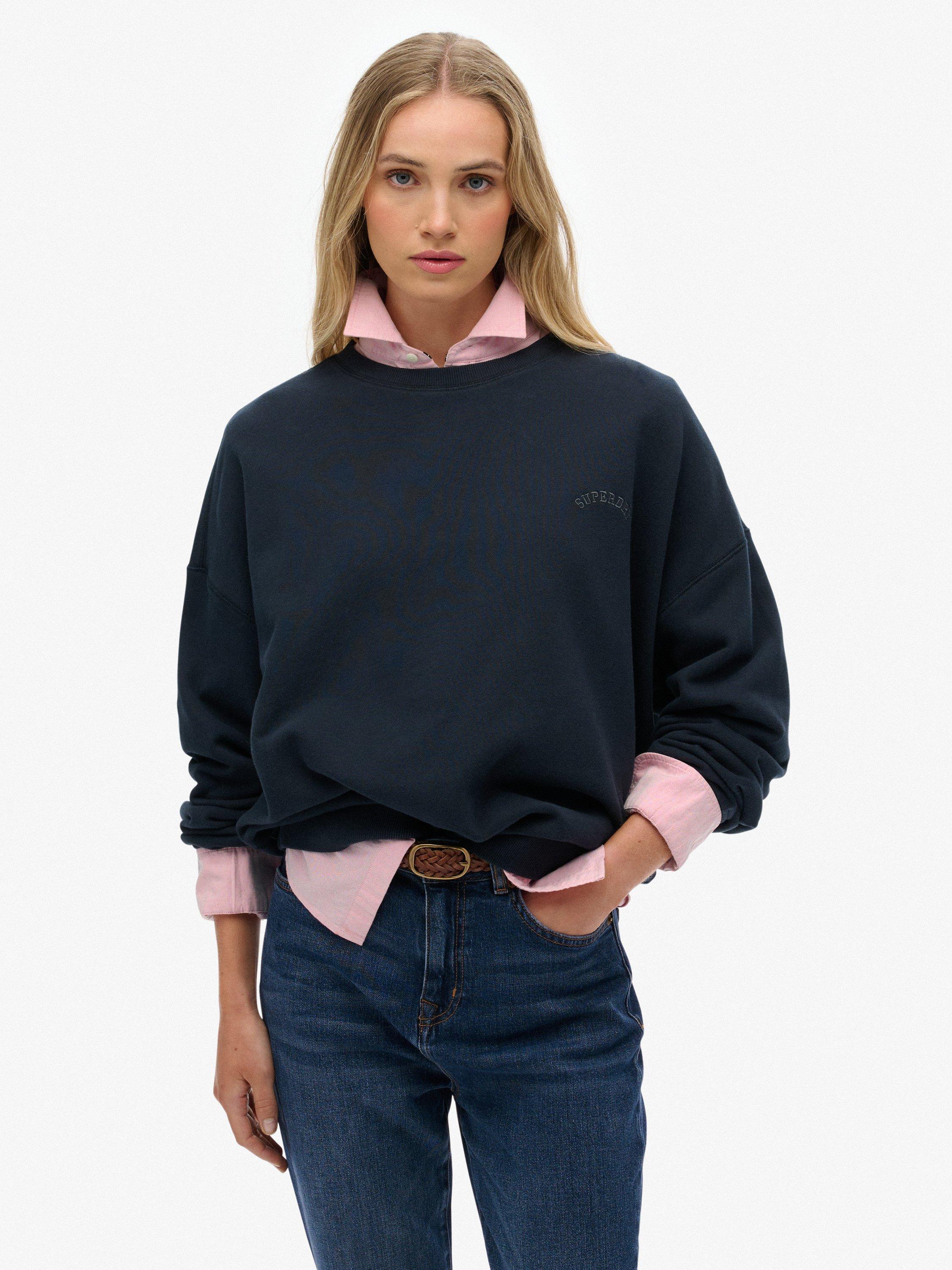 Product image 1 of 5, which shows Superdry Essential Logo Garment Dyed Crew Sweatshirt, Eclipse Navy, 16