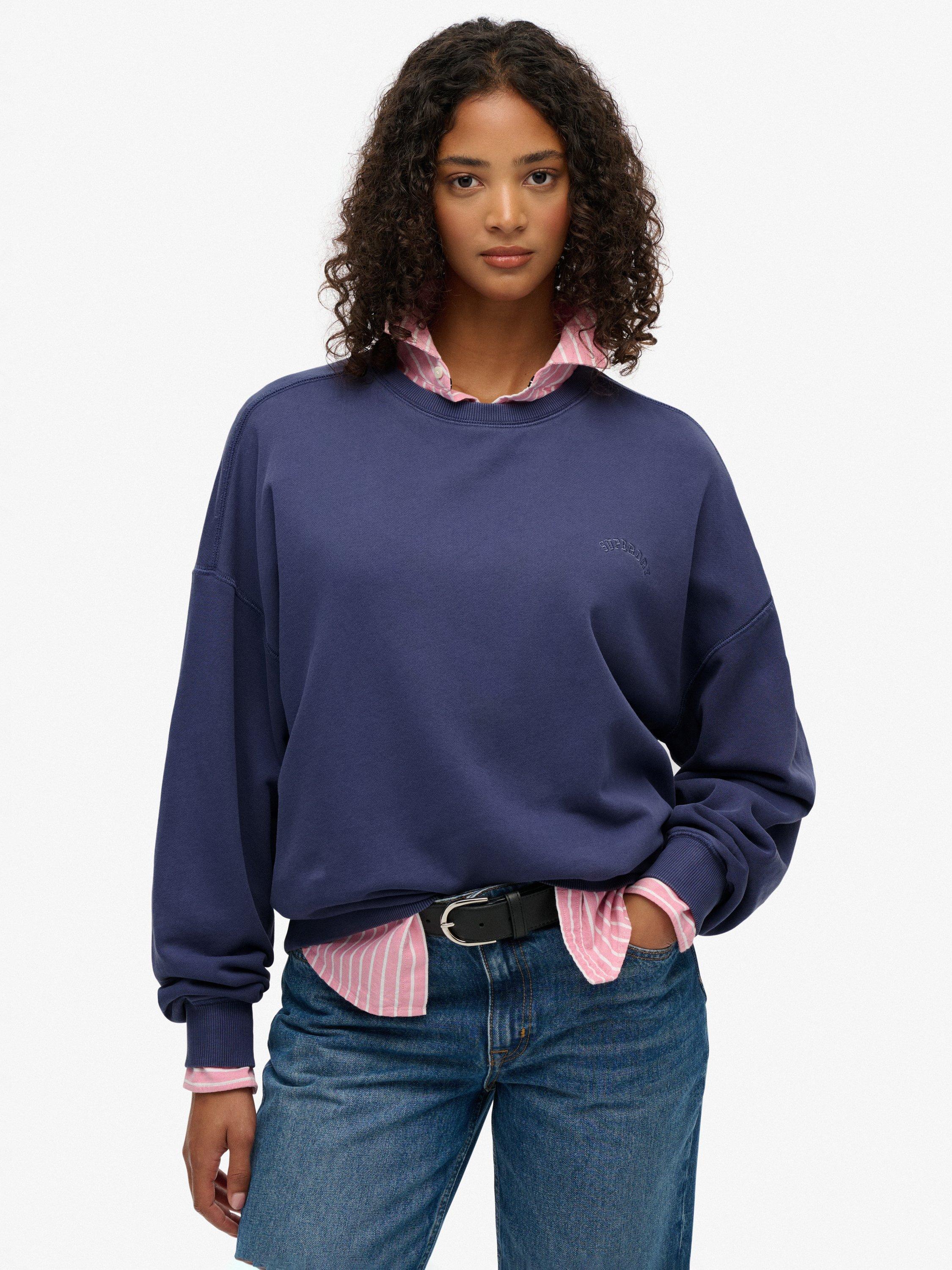Product image 1 of 6, which shows Superdry Essential Logo Garment Dyed Crew Sweatshirt, Mariner Navy, 12