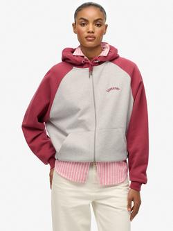 Superdry Essential Logo Raglan Zip Hoodie, White/Bordeaux Red