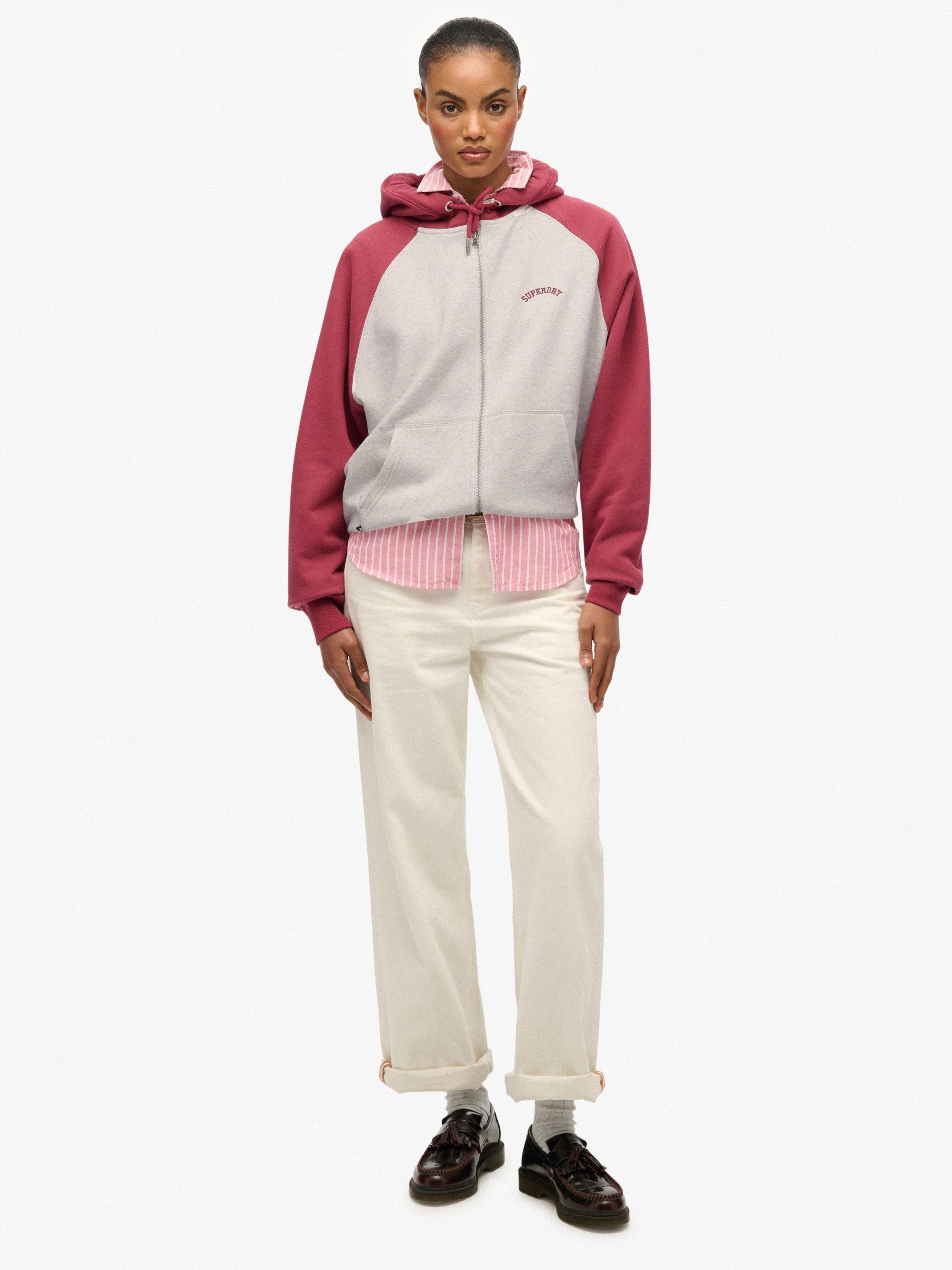 Product image 3 of 6, which shows Superdry Essential Logo Raglan Zip Hoodie, White/Bordeaux Red, 14