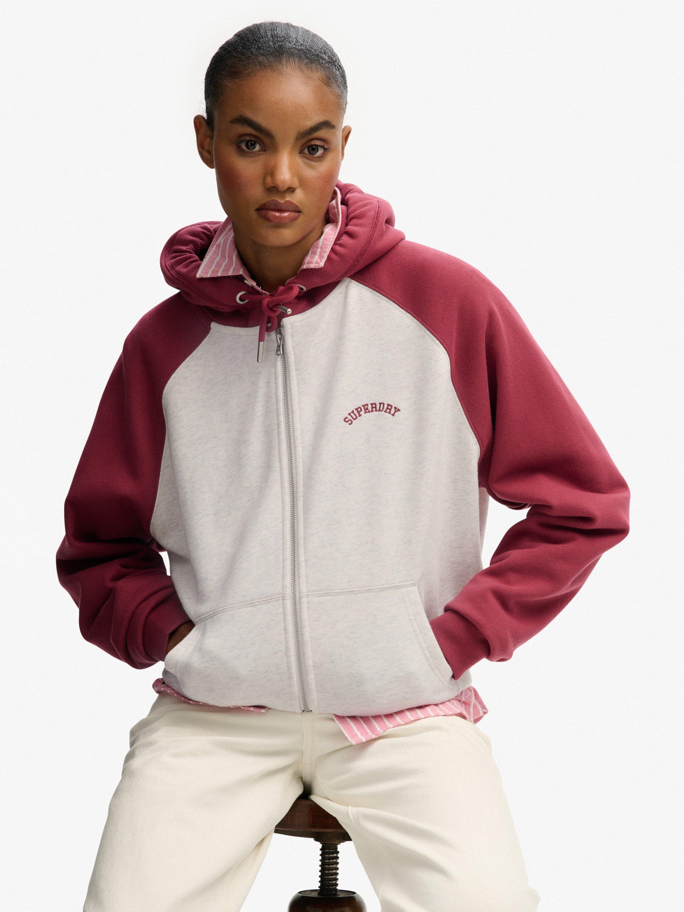 Product image 4 of 6, which shows Superdry Essential Logo Raglan Zip Hoodie, White/Bordeaux Red, 14