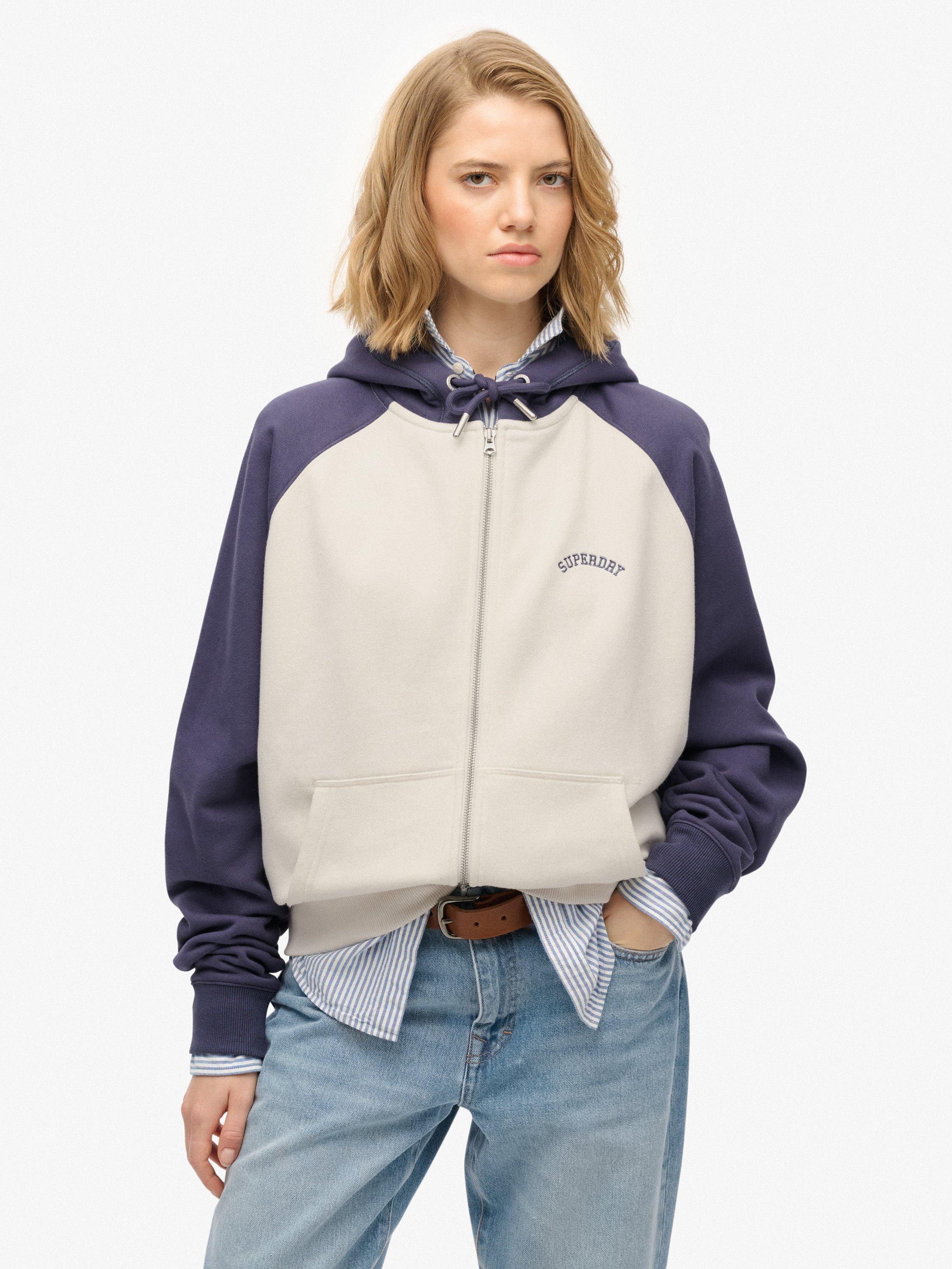 Product image 1 of 5, which shows Superdry Essential Logo Raglan Zip Hoodie, Desert Bone/Navy, 12