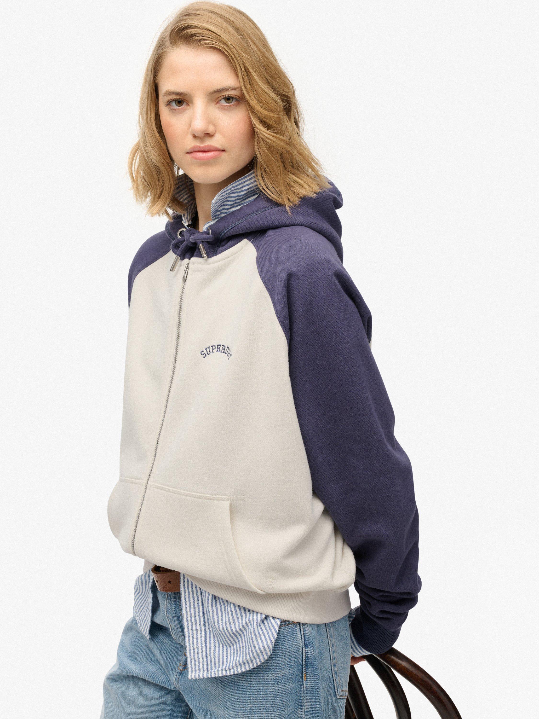 Product image 4 of 5, which shows Superdry Essential Logo Raglan Zip Hoodie, Desert Bone/Navy, 12
