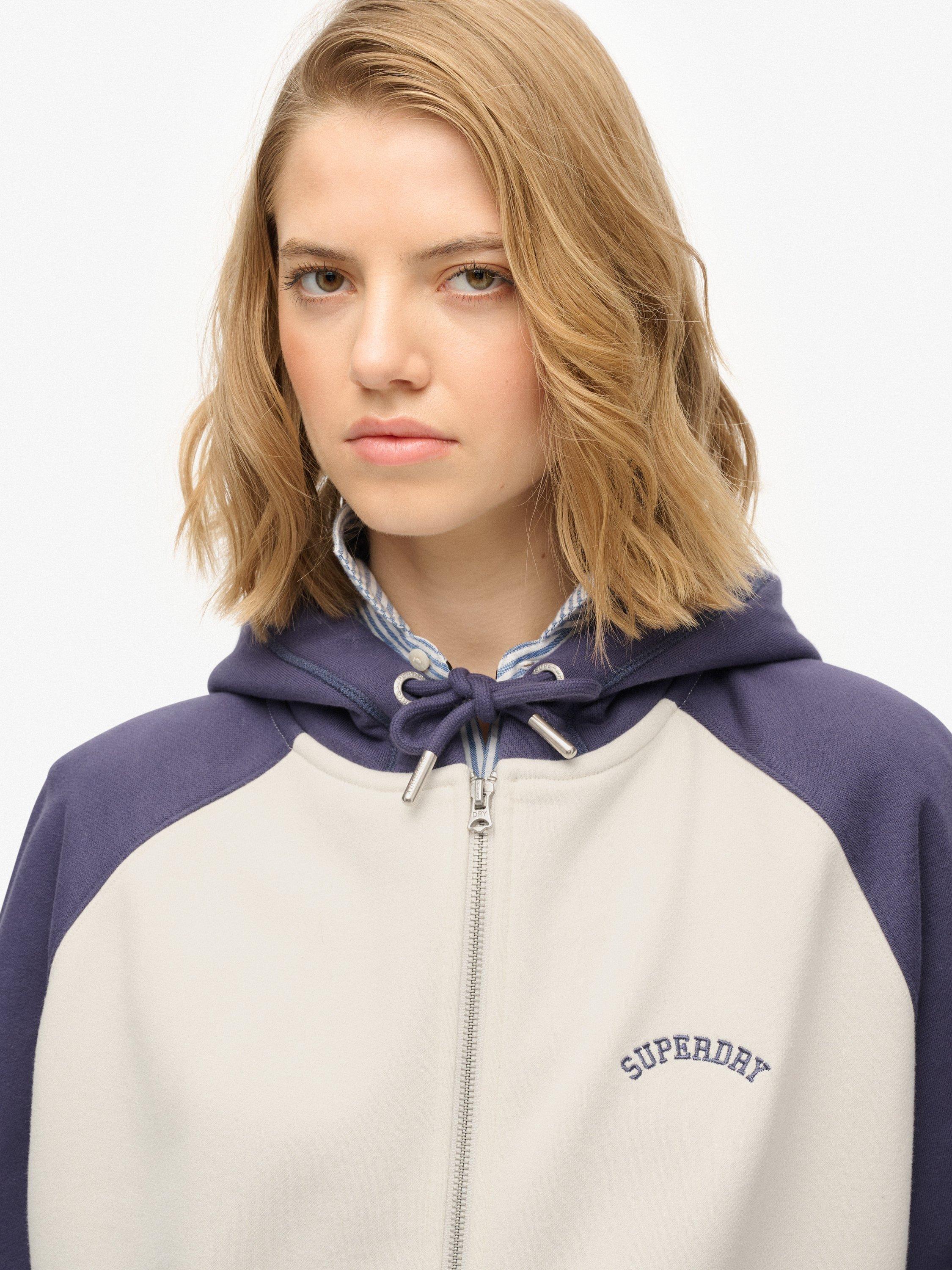 Product image 5 of 5, which shows Superdry Essential Logo Raglan Zip Hoodie, Desert Bone/Navy, 12