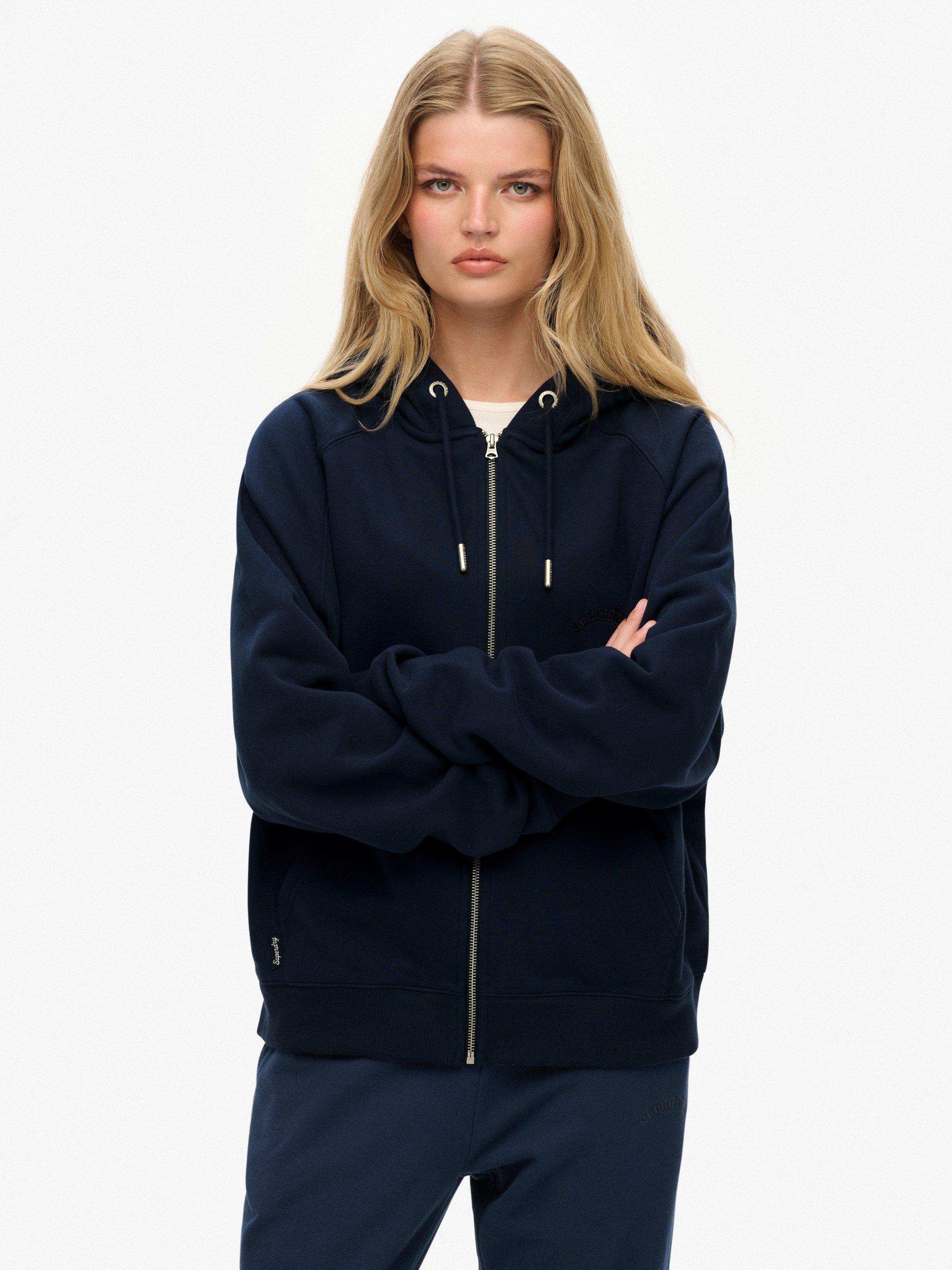Product image 1 of 6, which shows Superdry Essential Logo Raglan Zip Hoodie, Richest Navy, 10