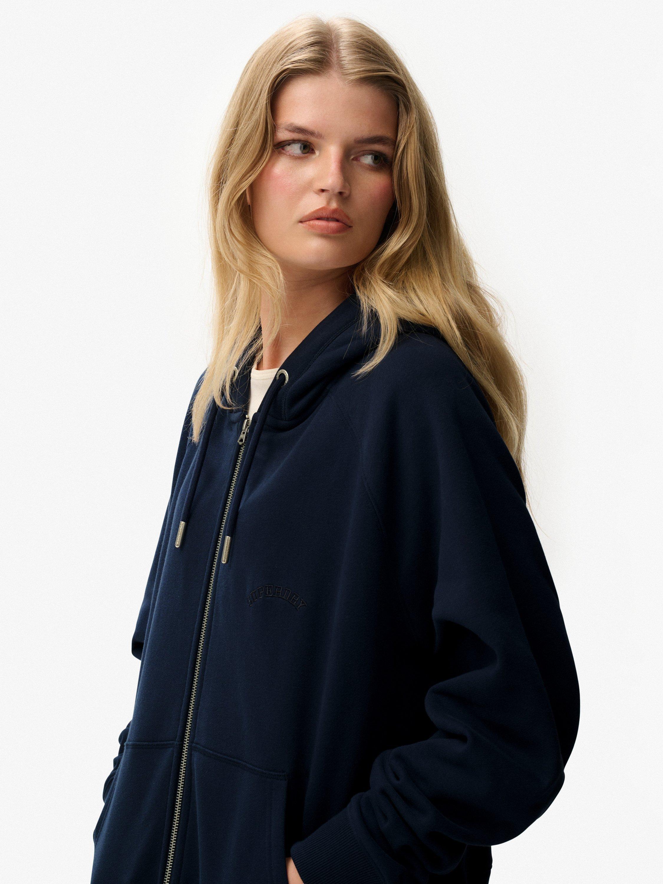 Product image 4 of 6, which shows Superdry Essential Logo Raglan Zip Hoodie, Richest Navy, 10