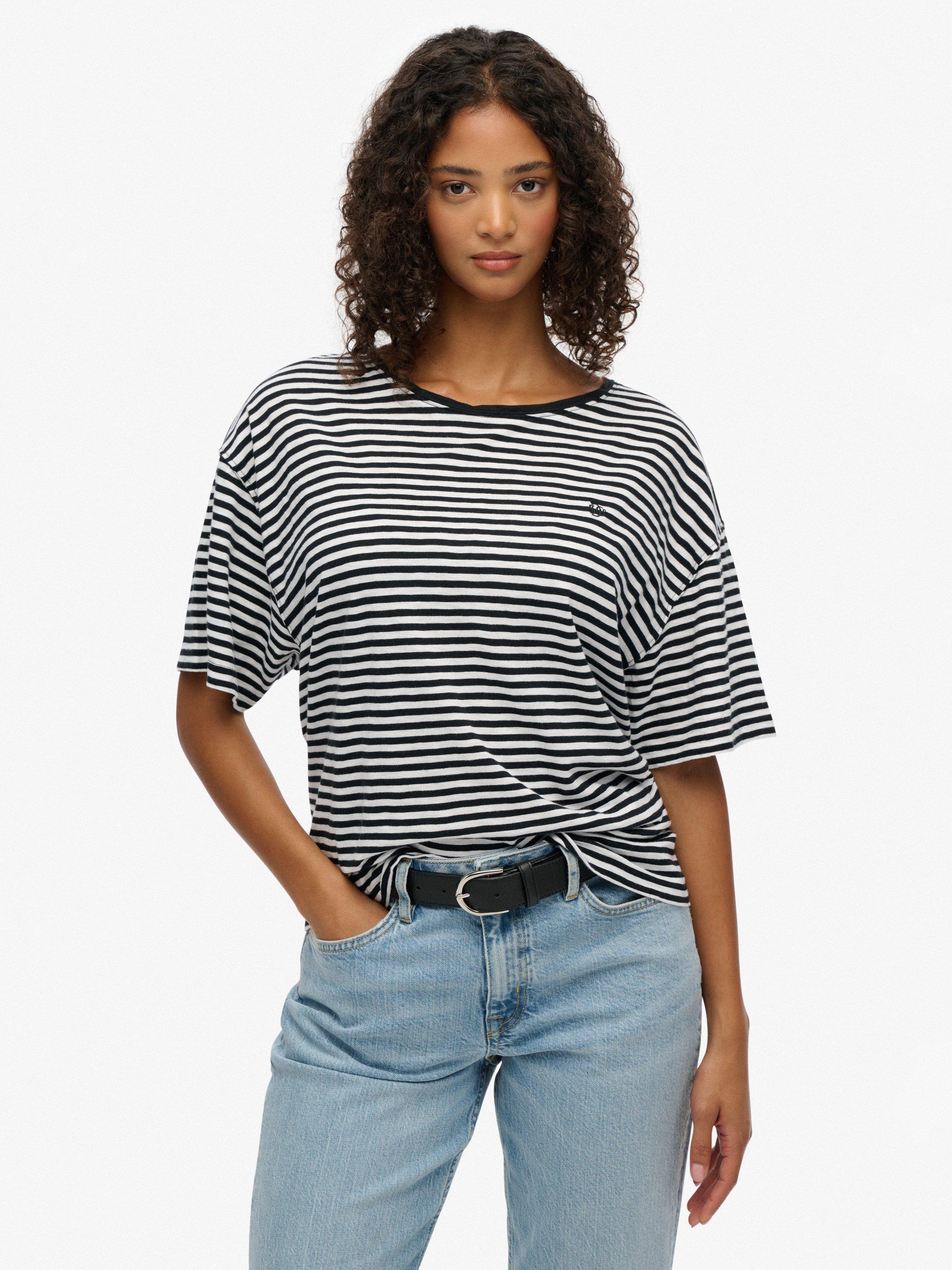 Product image 1 of 5, which shows Superdry Studios Stripe Drop Shoulder T-Shirt, Black/White Stripe, 12