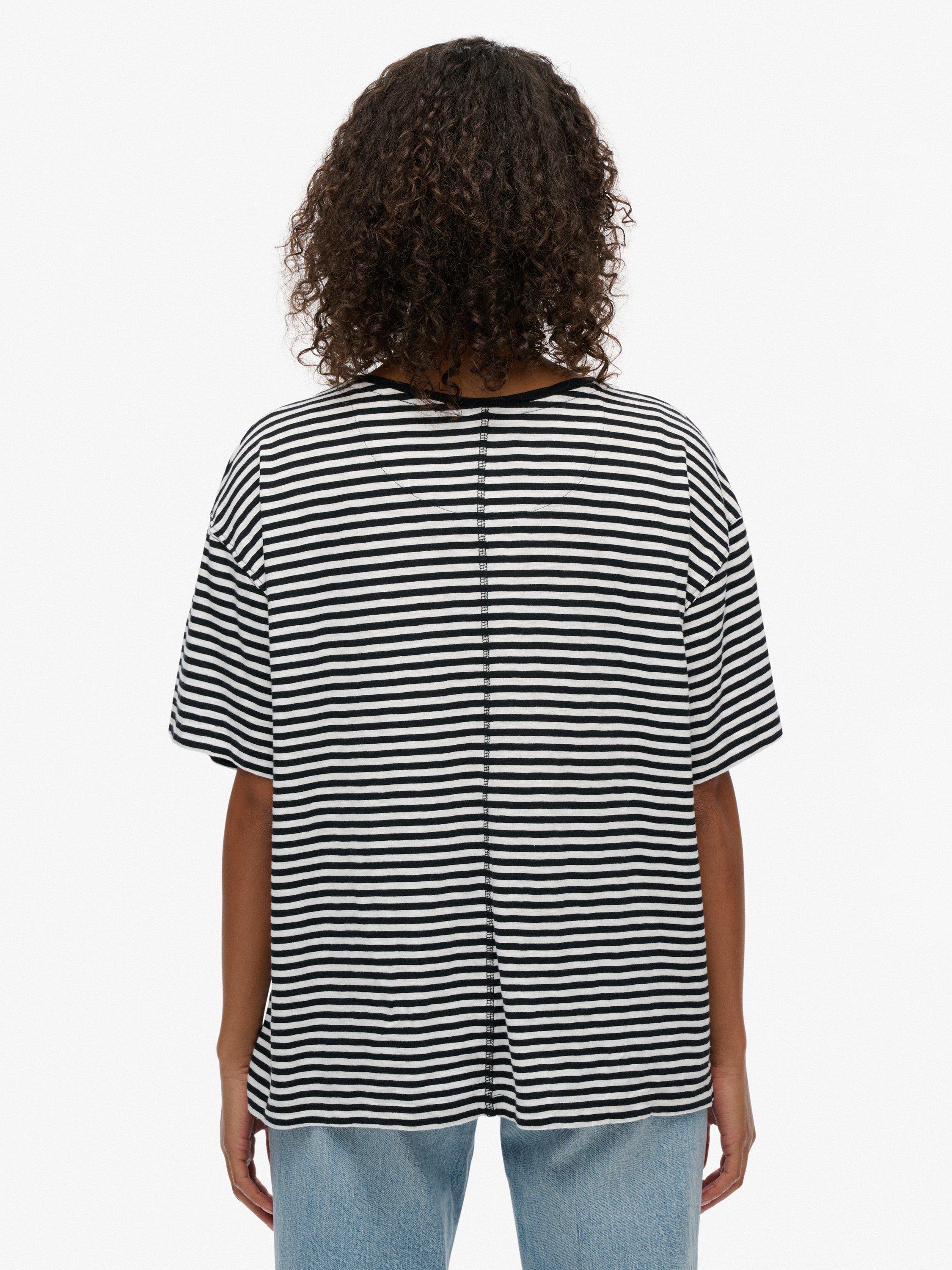 Product image 2 of 5, which shows Superdry Studios Stripe Drop Shoulder T-Shirt, Black/White Stripe, 12
