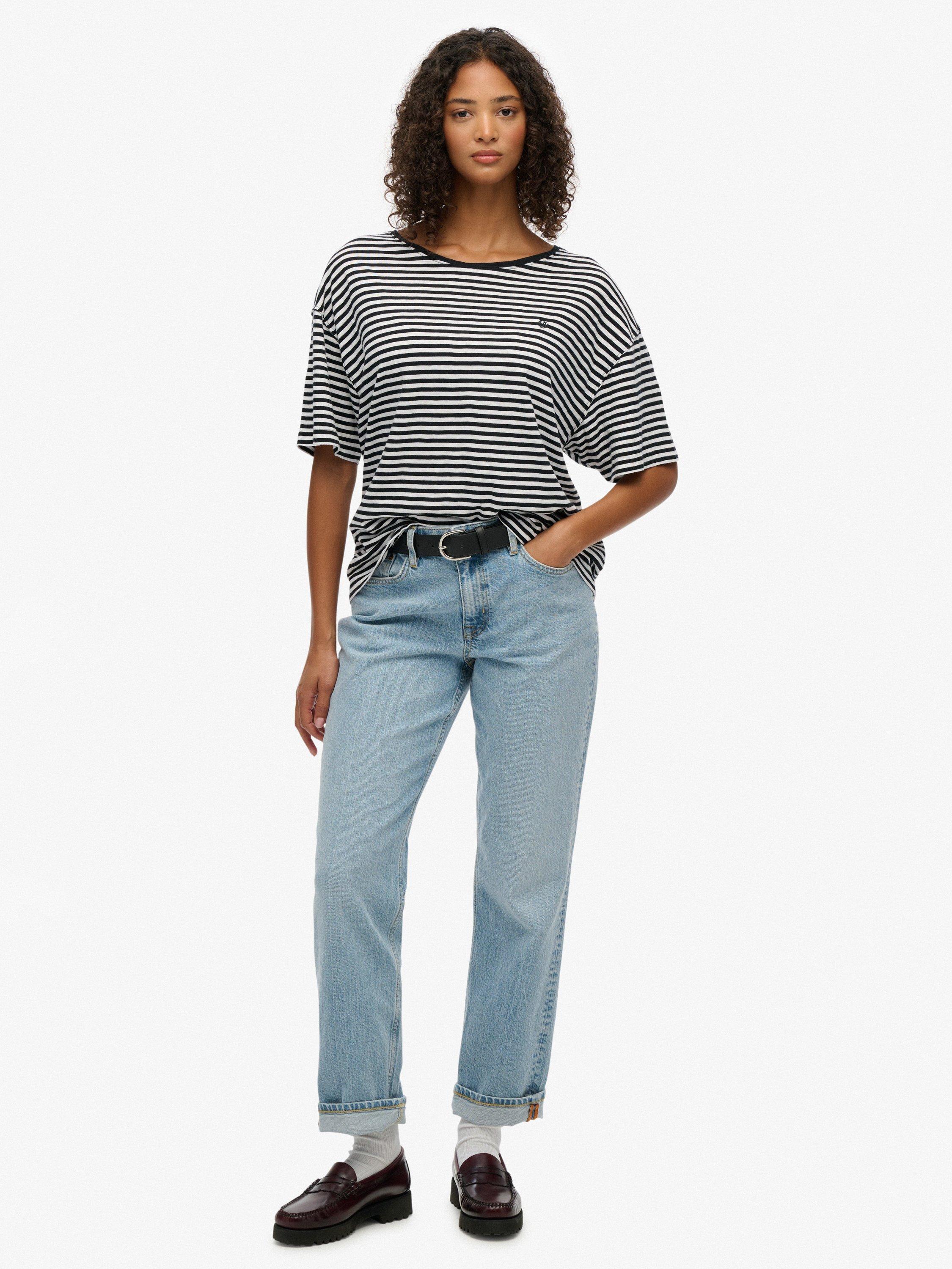 Product image 3 of 5, which shows Superdry Studios Stripe Drop Shoulder T-Shirt, Black/White Stripe, 12