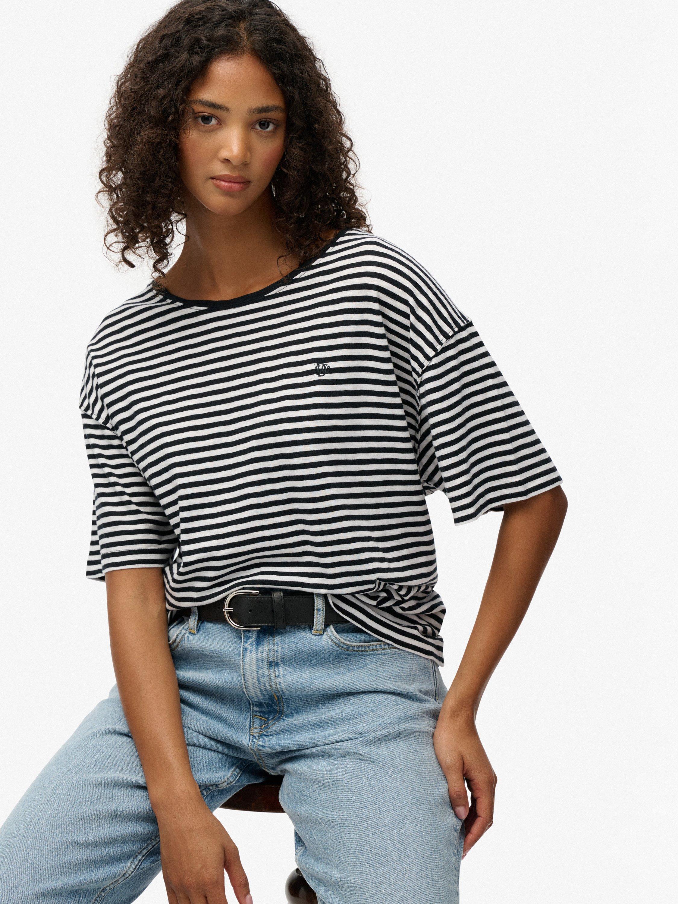 Product image 4 of 5, which shows Superdry Studios Stripe Drop Shoulder T-Shirt, Black/White Stripe, 12