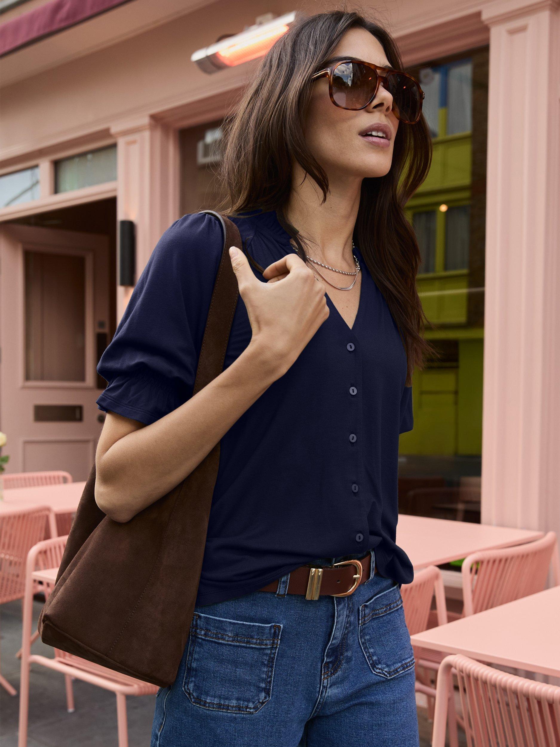 Product image 1 of 11, which shows Baukjen Noa Ruffle Collar Blouse, Classic Navy, 6