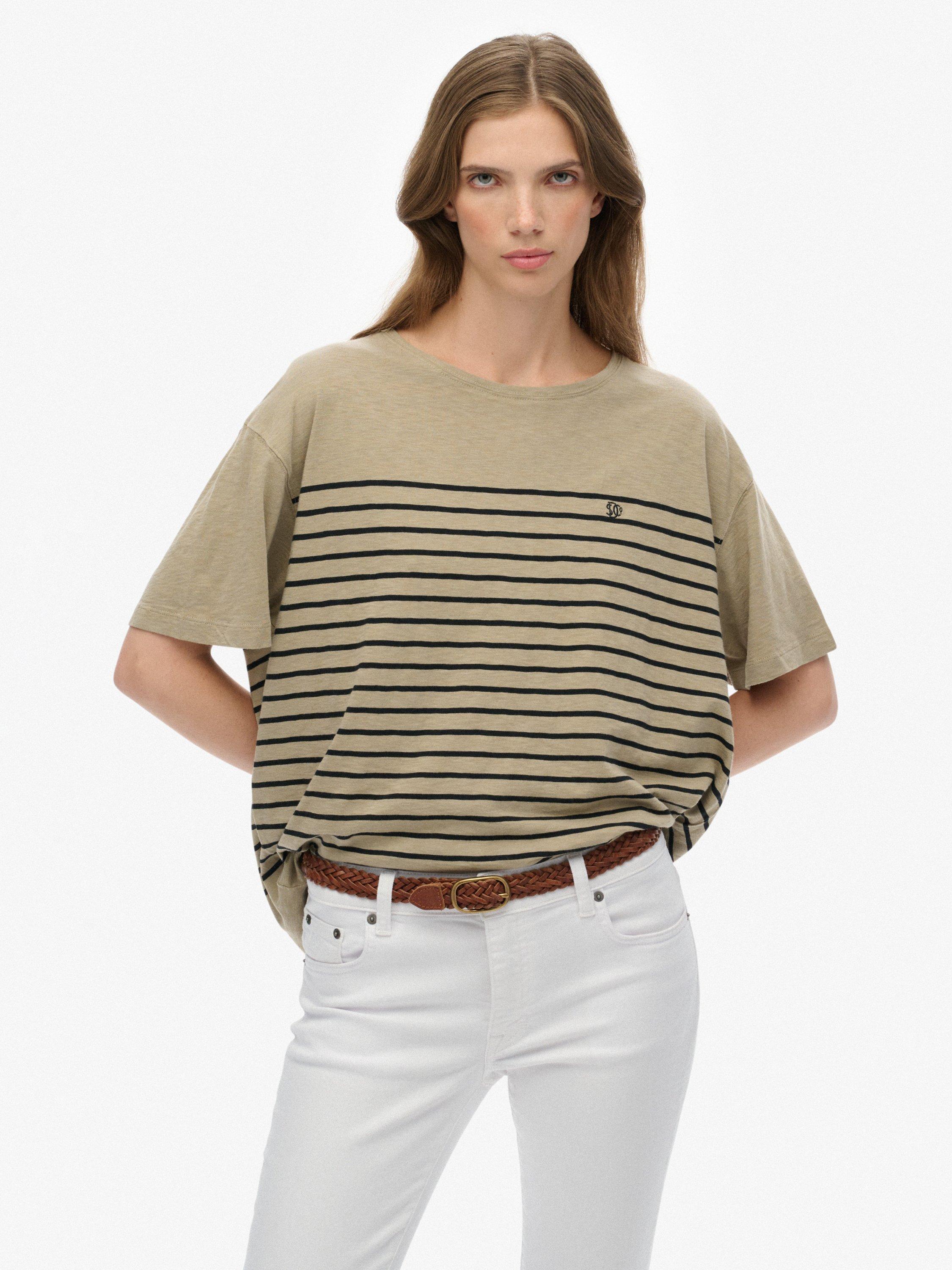 Product image 1 of 5, which shows Superdry Studios Stripe Dropped Shoulder T-Shirt, Black/Beige, 16