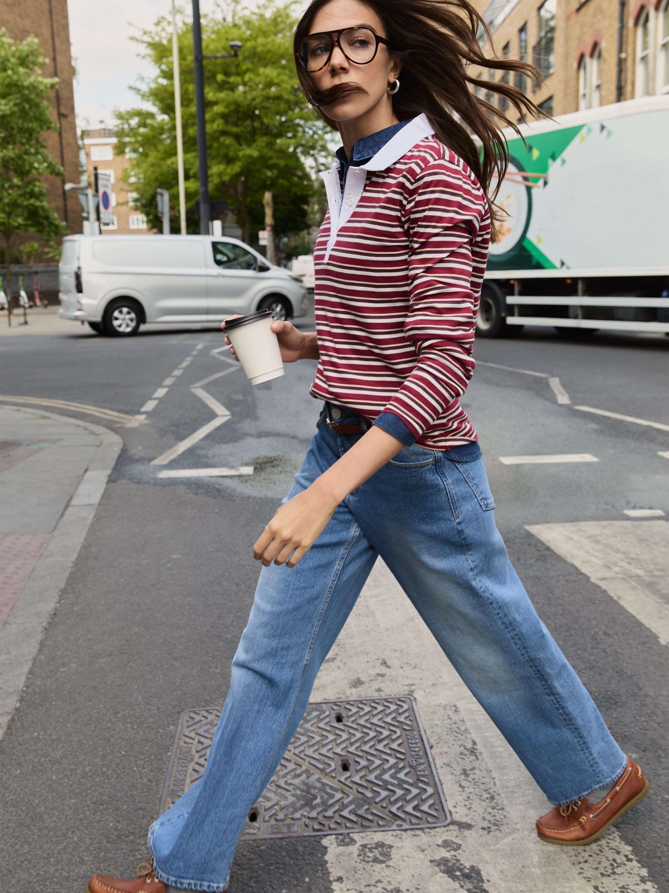 Product image 2 of 5, which shows Baukjen Esra Striped Fitted Organic Cotton Polo Top, Burgundy/Cream/Taupe, 14