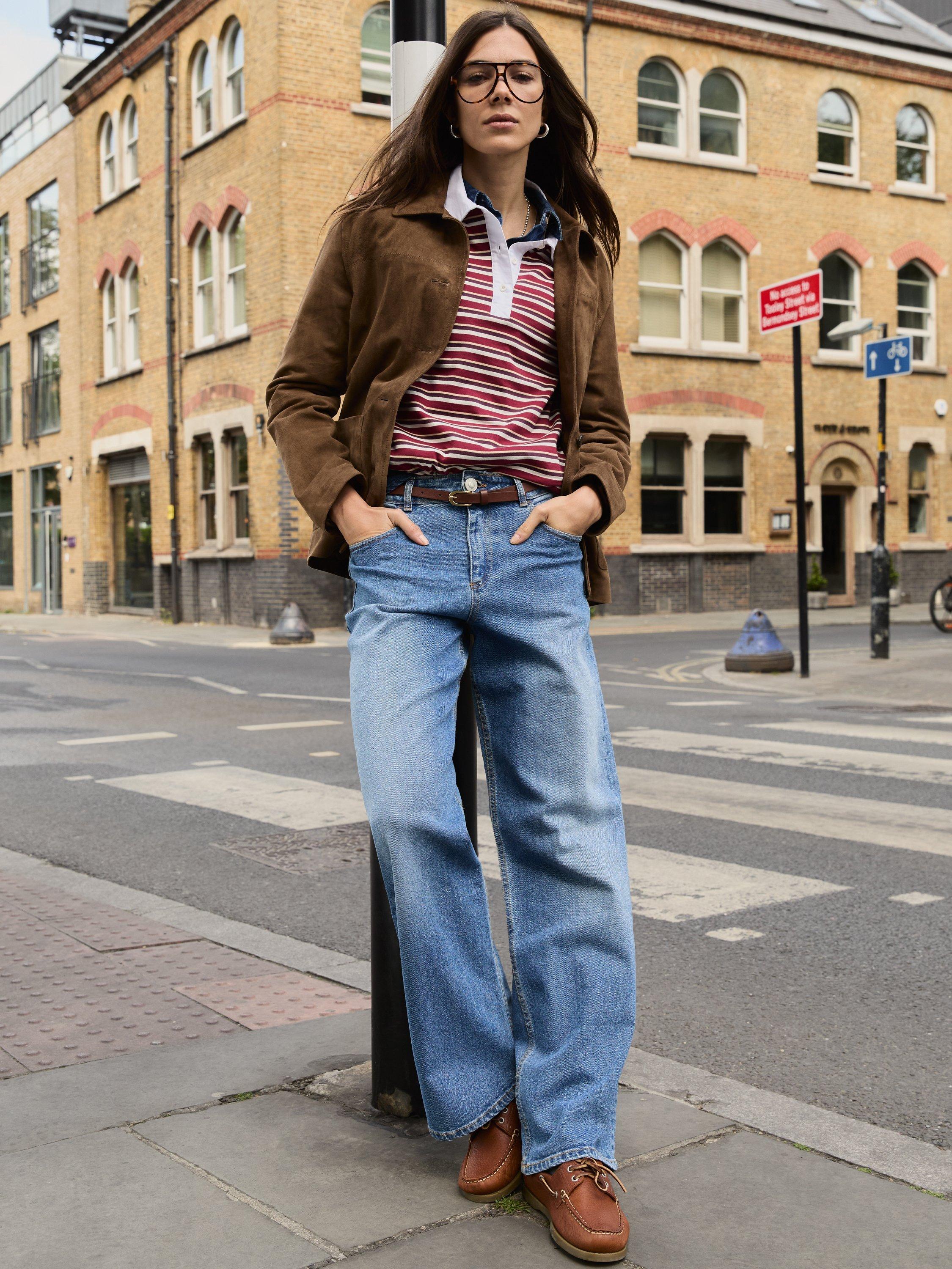 Product image 3 of 5, which shows Baukjen Esra Striped Fitted Organic Cotton Polo Top, Burgundy/Cream/Taupe, 14
