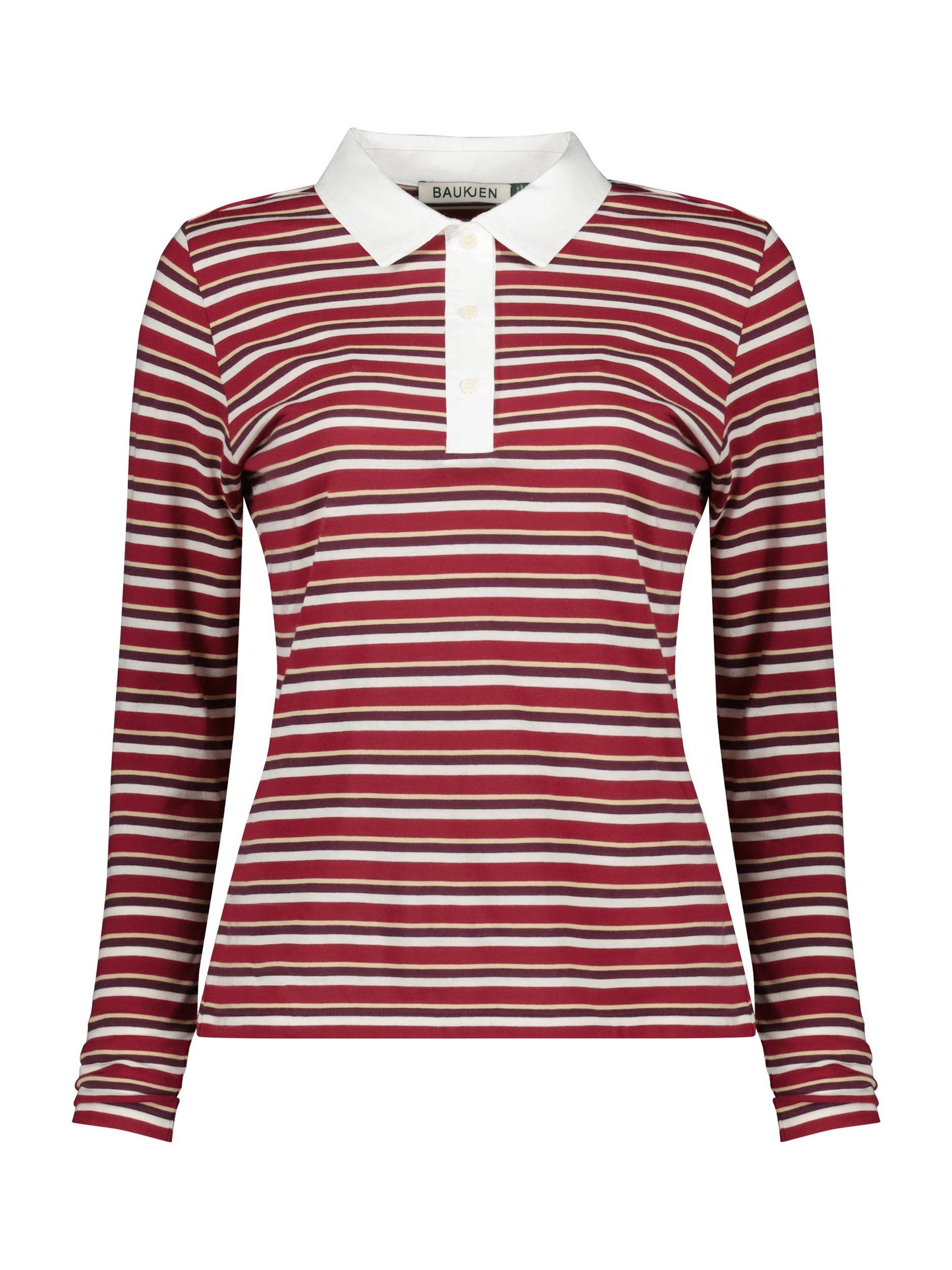 Product image 4 of 5, which shows Baukjen Esra Striped Fitted Organic Cotton Polo Top, Burgundy/Cream/Taupe, 14