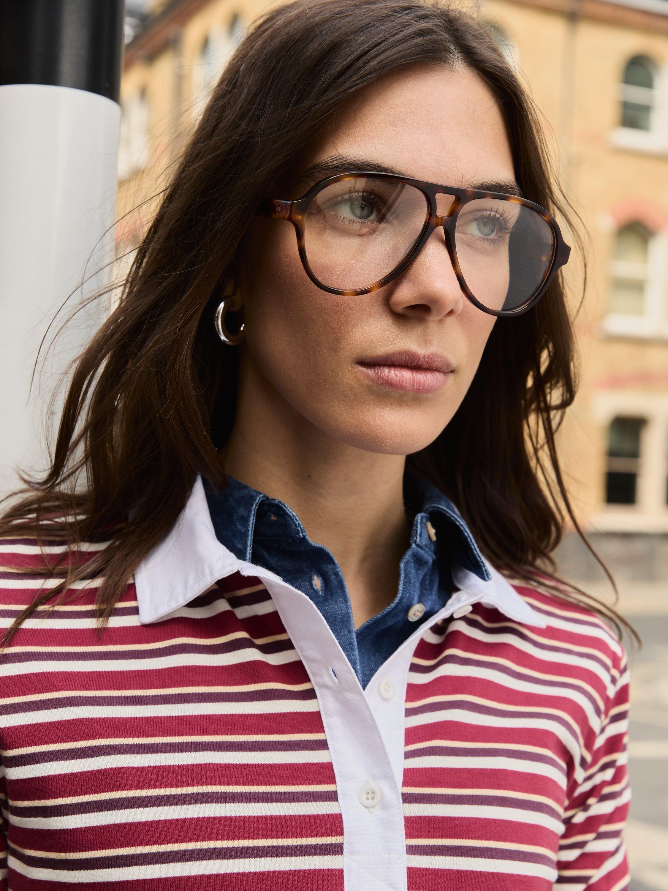 Product image 5 of 5, which shows Baukjen Esra Striped Fitted Organic Cotton Polo Top, Burgundy/Cream/Taupe, 14