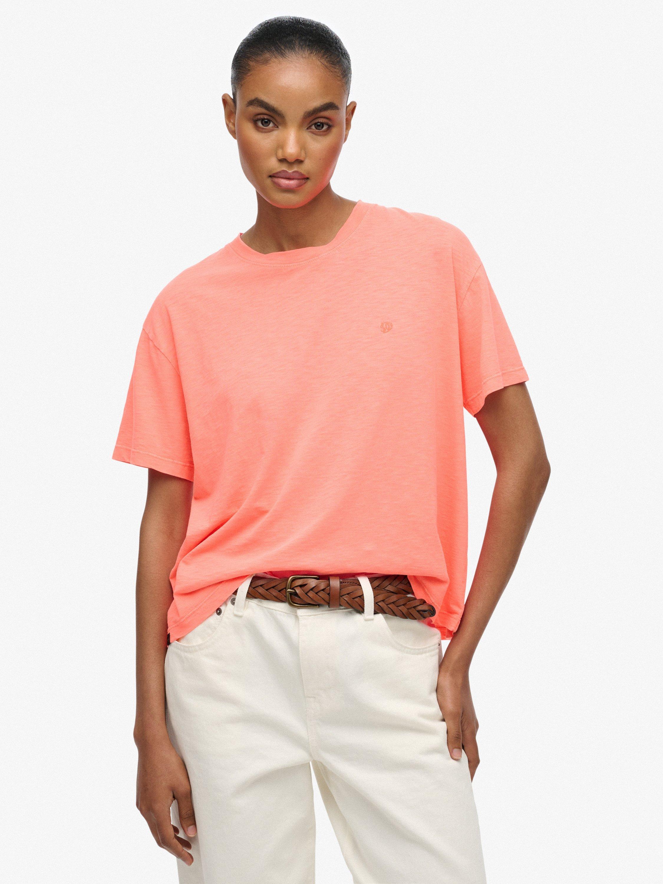 Product image 1 of 1, which shows Superdry Studios Crew Neck T-Shirt, Fluro Coral, 8
