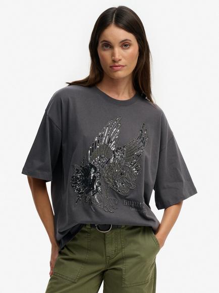 Superdry Tattoo Embellished Oversized T-Shirt, Manor House Grey