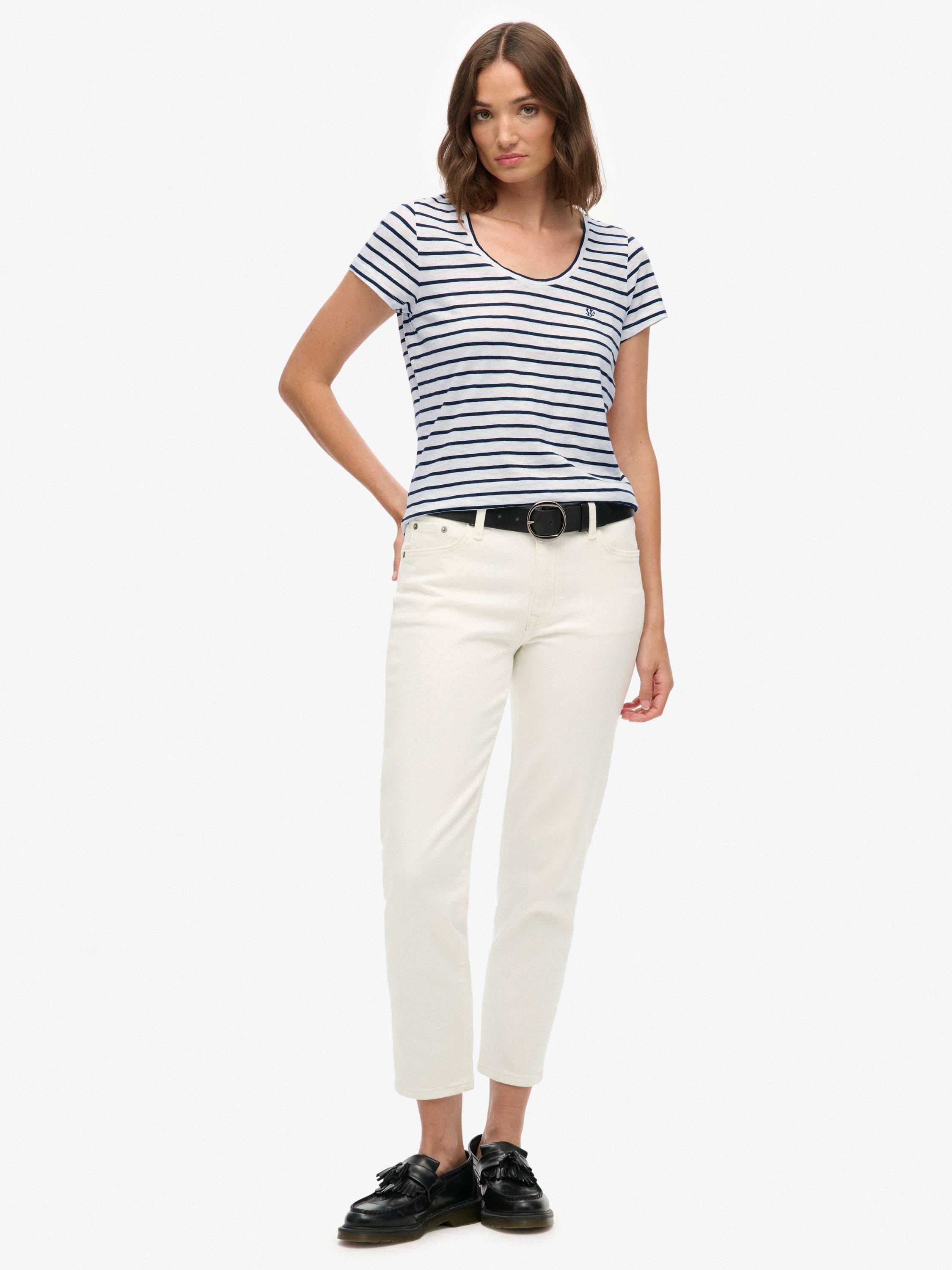 Product image 3 of 5, which shows Superdry Studios Stripe Scoop Neck T-Shirt, Optic/Navy Stripe, 10