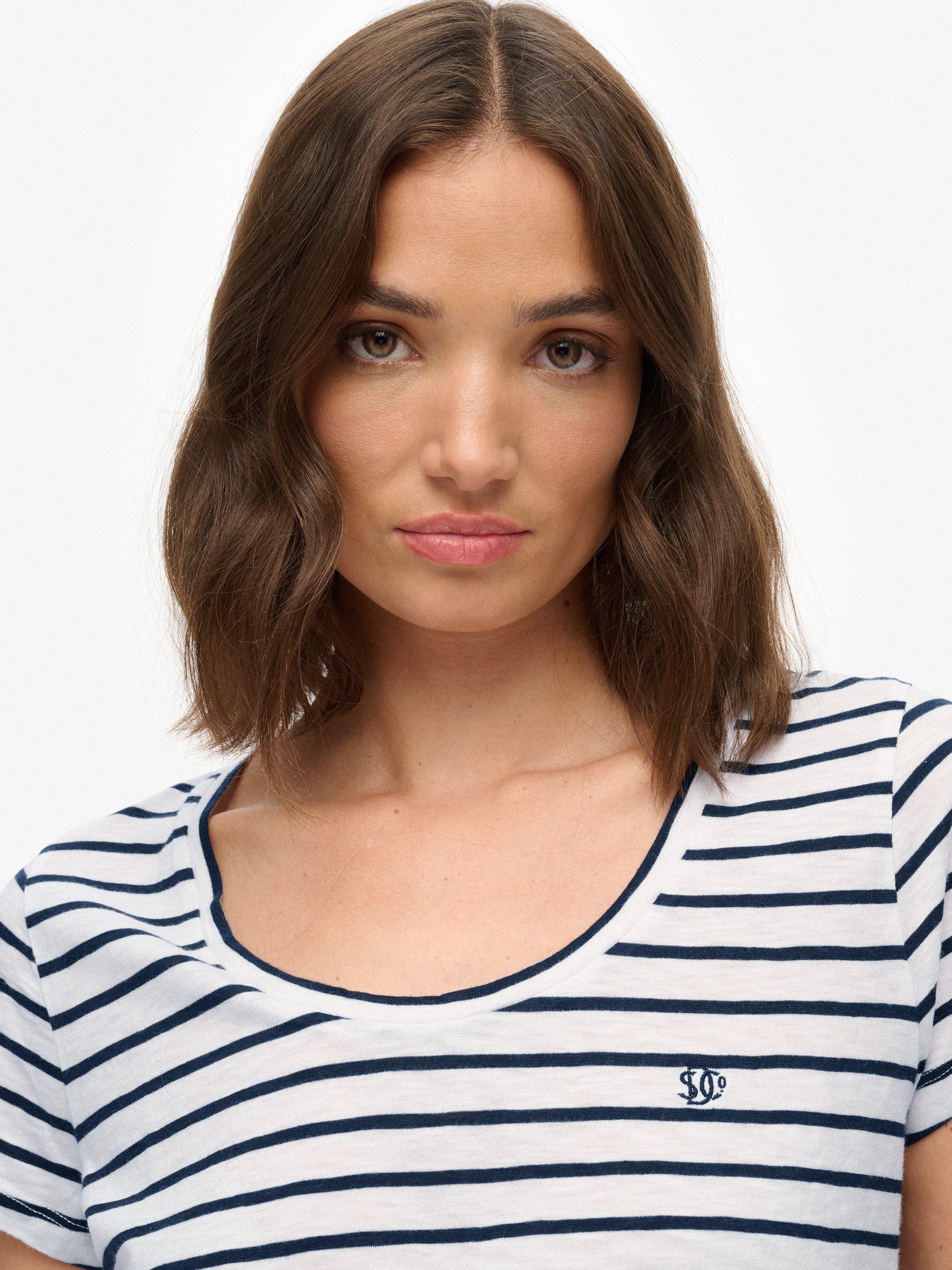 Product image 4 of 5, which shows Superdry Studios Stripe Scoop Neck T-Shirt, Optic/Navy Stripe, 10