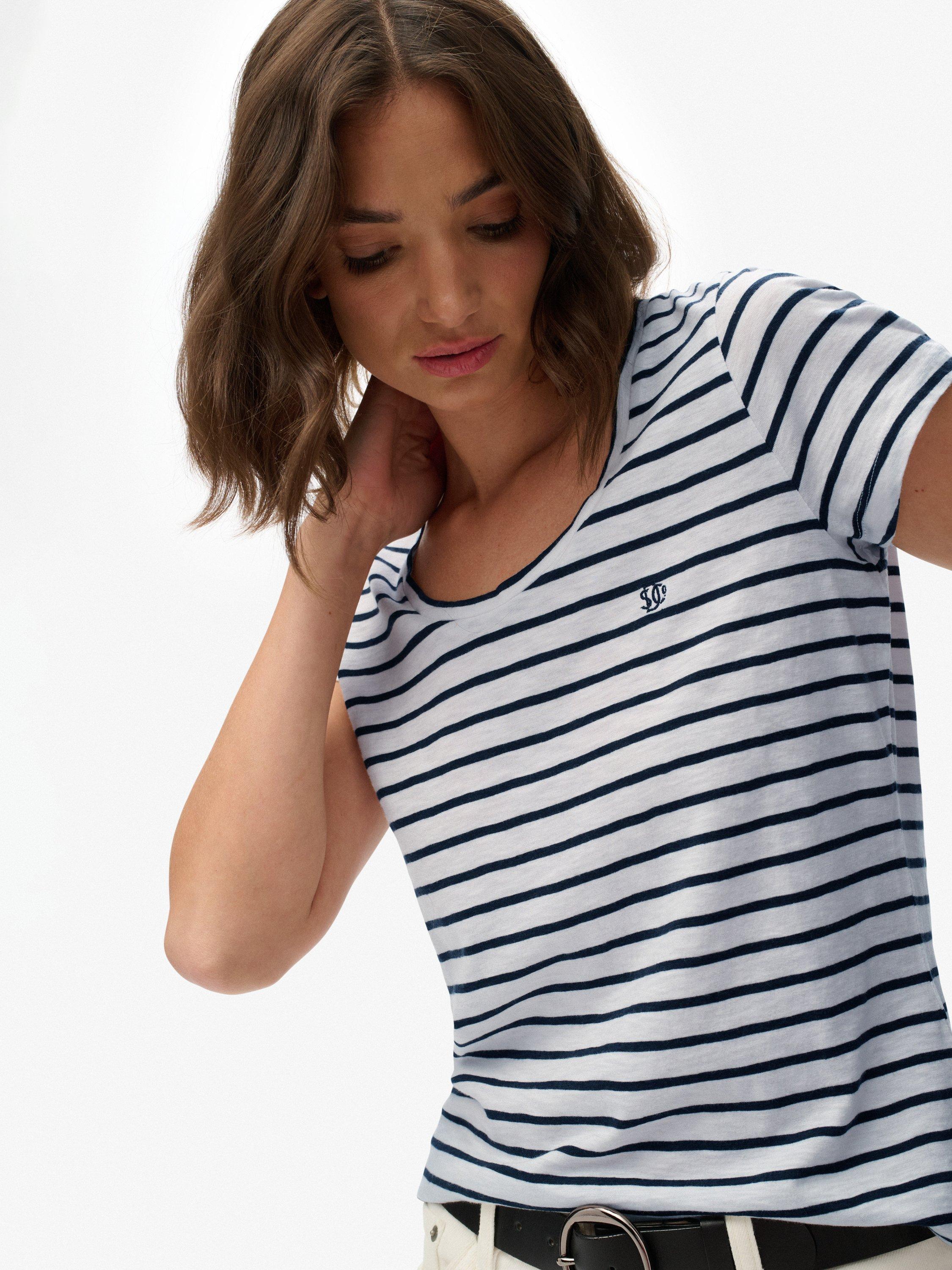 Product image 5 of 5, which shows Superdry Studios Stripe Scoop Neck T-Shirt, Optic/Navy Stripe, 10