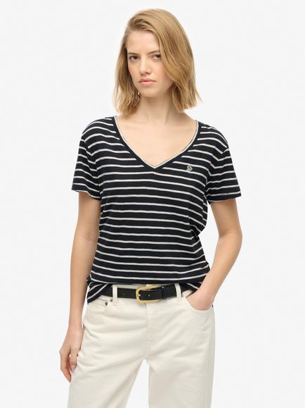 Superdry Studios Stripe Slub Embroidered T-Shirt, Navy/Optic, Navy/Optic