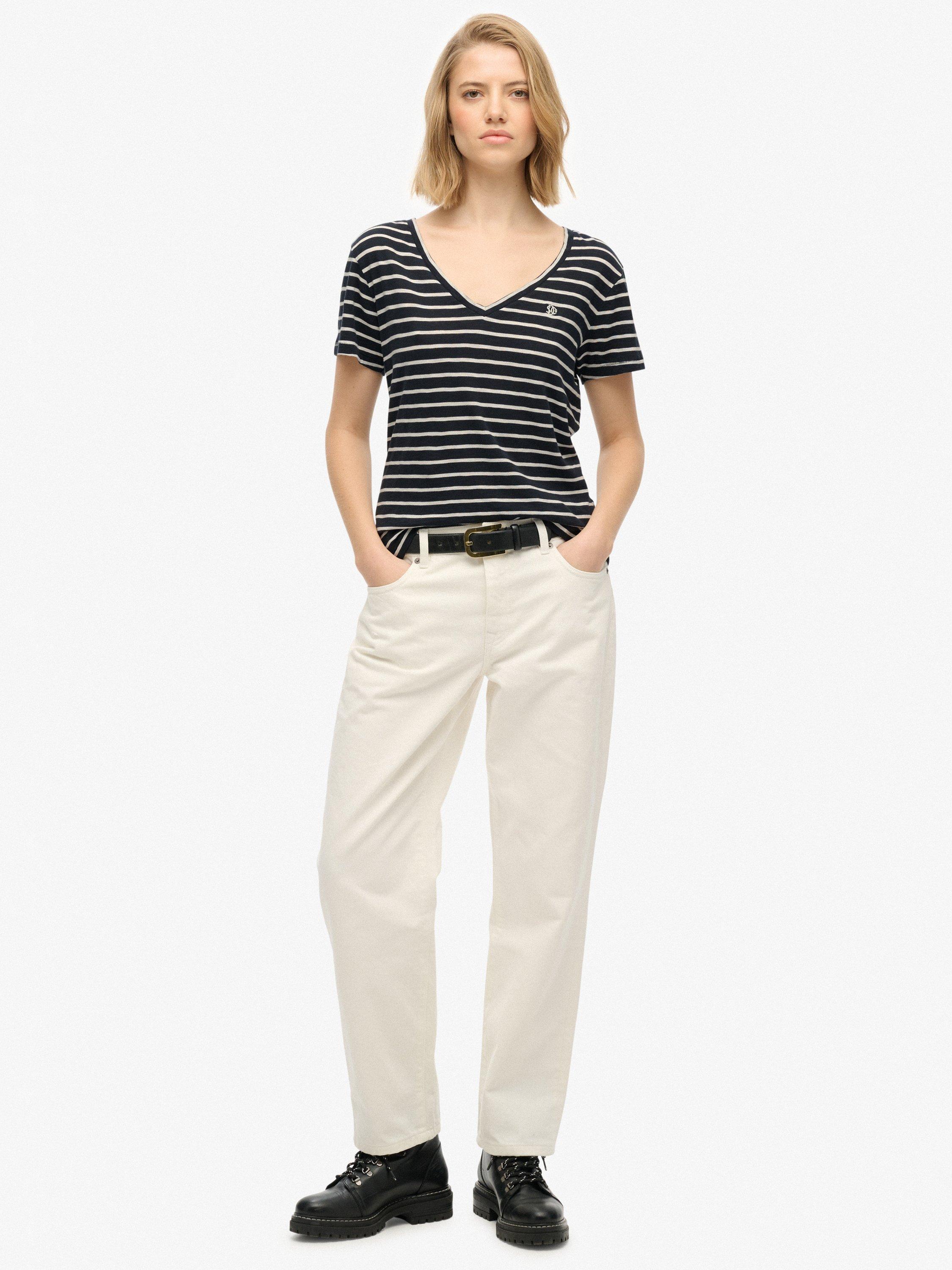 Product image 3 of 6, which shows Superdry Studios Stripe Slub Embroidered T-Shirt, Navy/Optic, 16