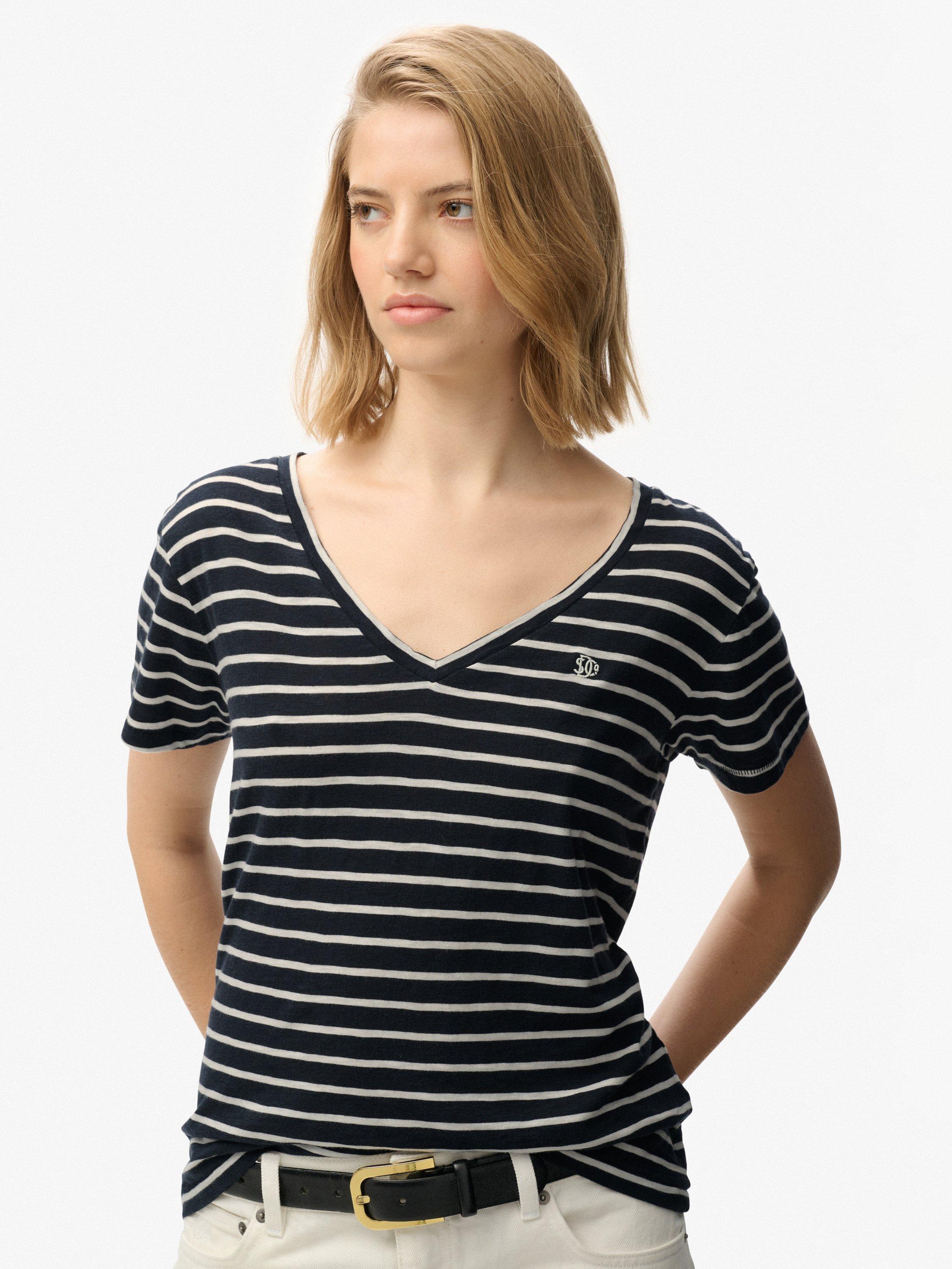 Product image 4 of 6, which shows Superdry Studios Stripe Slub Embroidered T-Shirt, Navy/Optic, 16