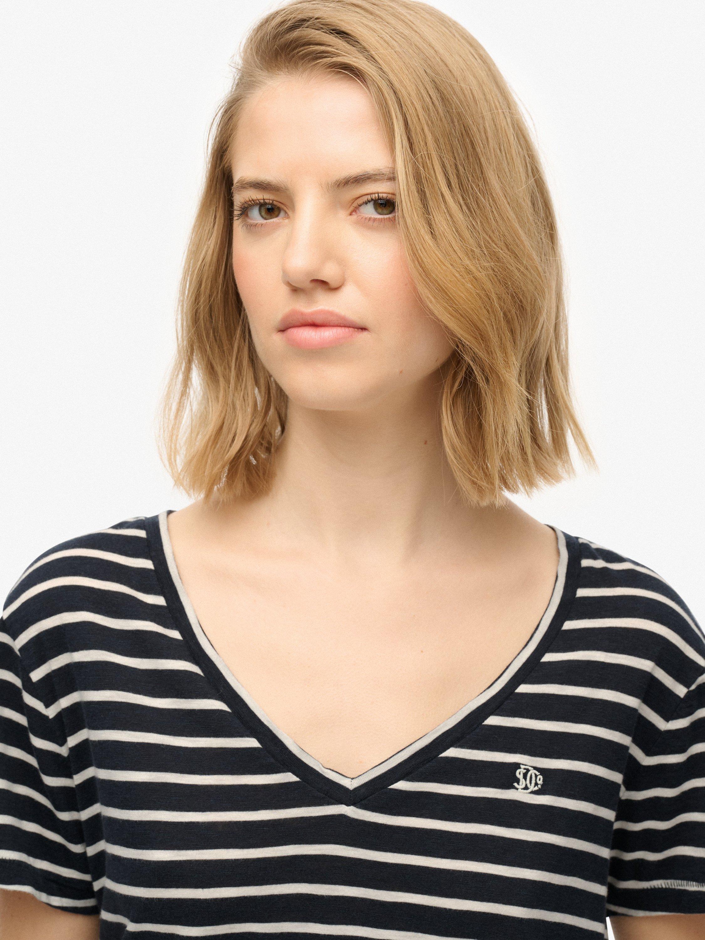 Product image 5 of 6, which shows Superdry Studios Stripe Slub Embroidered T-Shirt, Navy/Optic, 16