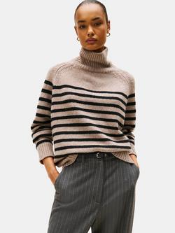 Tommy Hilfiger Wool Blend Stripe Chunky Turtle Neck Jumper, Beige/Black