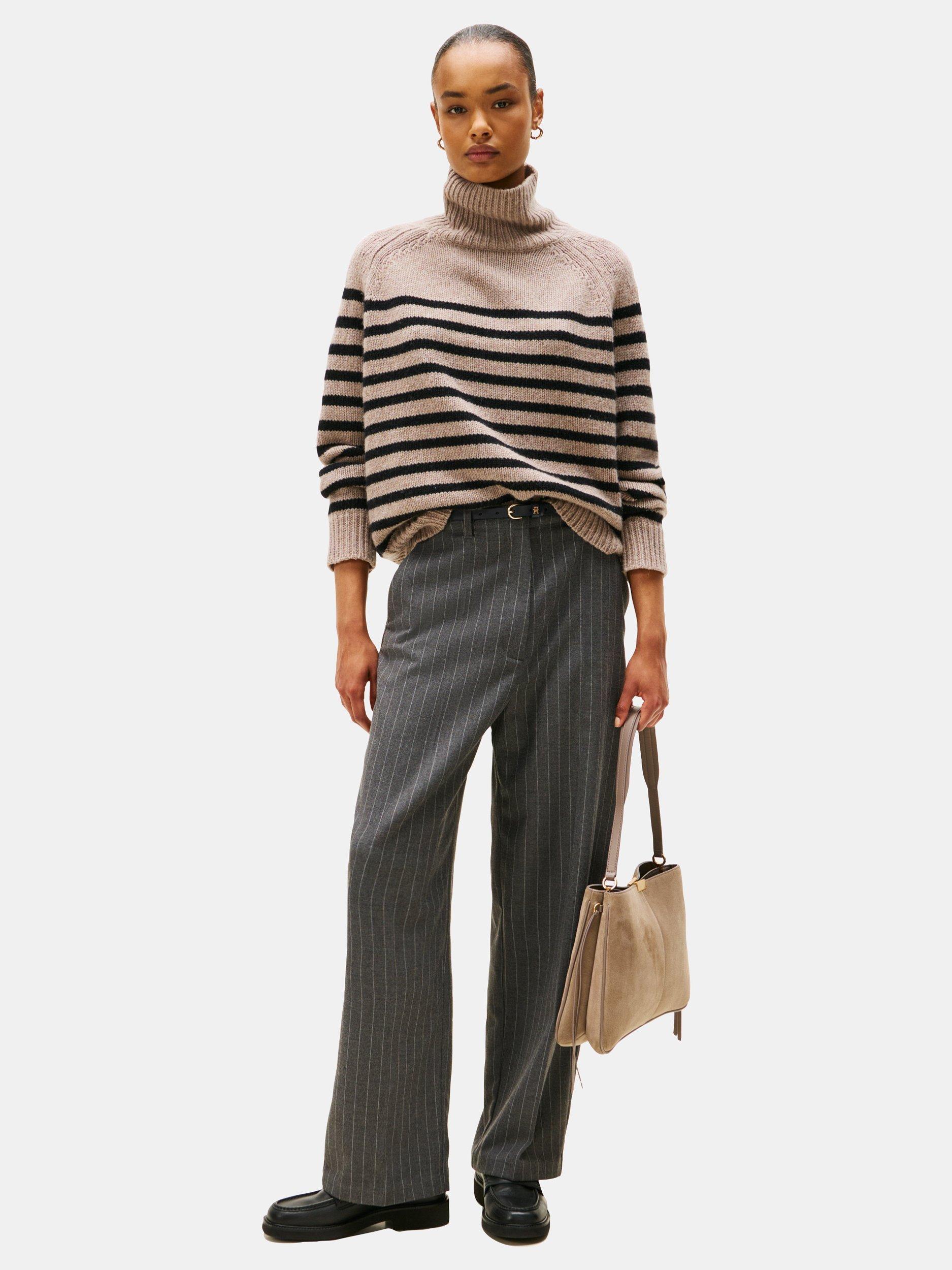 Product image 3 of 5, which shows Tommy Hilfiger Wool Blend Stripe Chunky Turtle Neck Jumper, Beige/Black, M