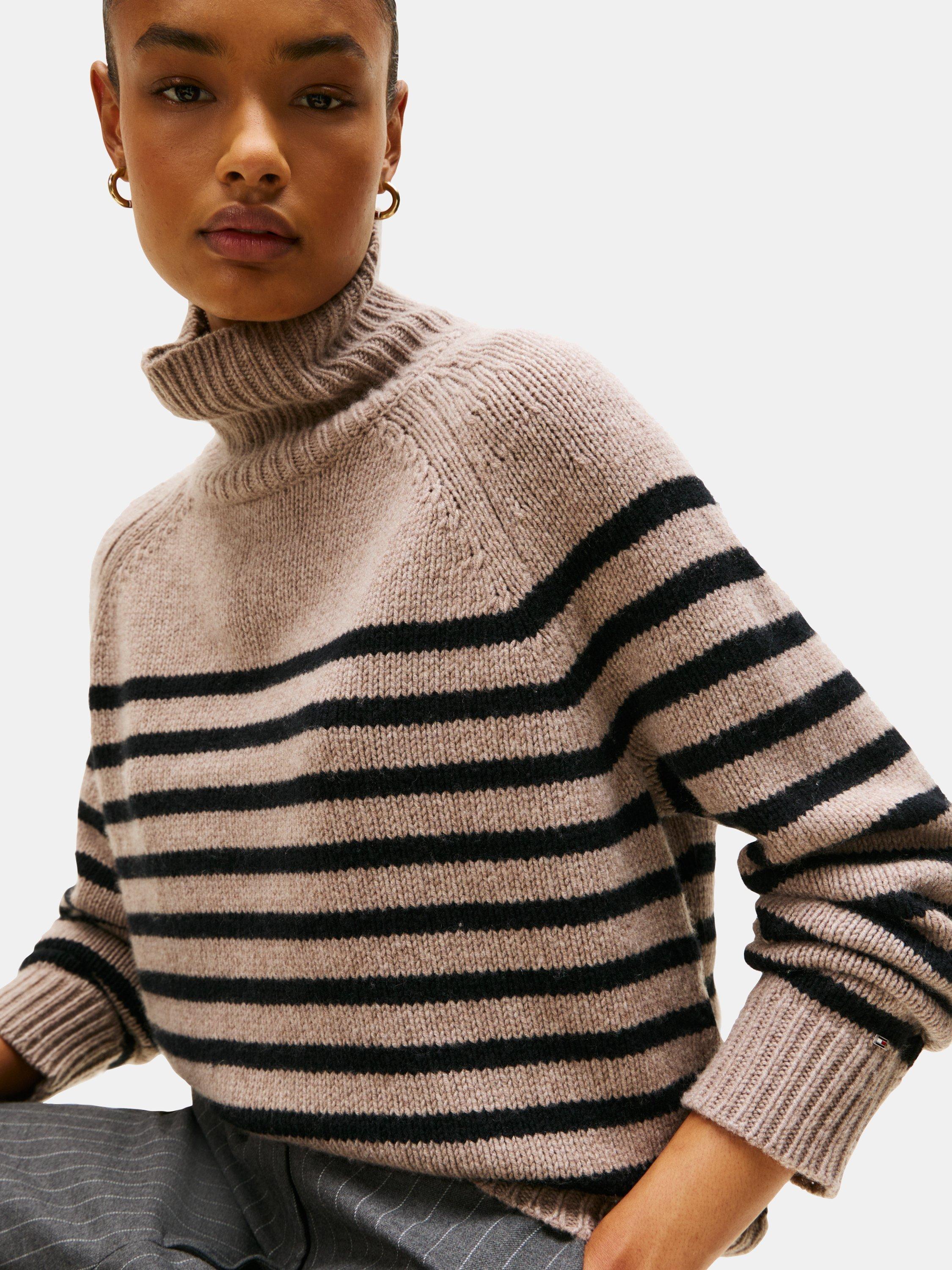 Product image 4 of 5, which shows Tommy Hilfiger Wool Blend Stripe Chunky Turtle Neck Jumper, Beige/Black, M